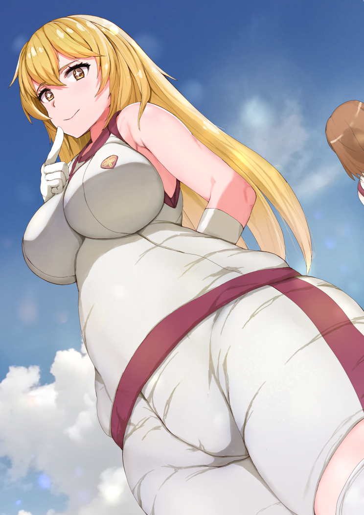 2girls, big breasts, blonde hair, breasts, brown eyes, brown hair, female, female only, gym clothes, gym uniform, hair, long hair, misaka mikoto, multiple females, multiple girls, shokuhou misaki, short hair, sikijou77o, skj 77o, smile, socks, sparkling eyes, thigh socks, thighhighs, to aru kagaku no railgun, to aru majutsu no index, white socks