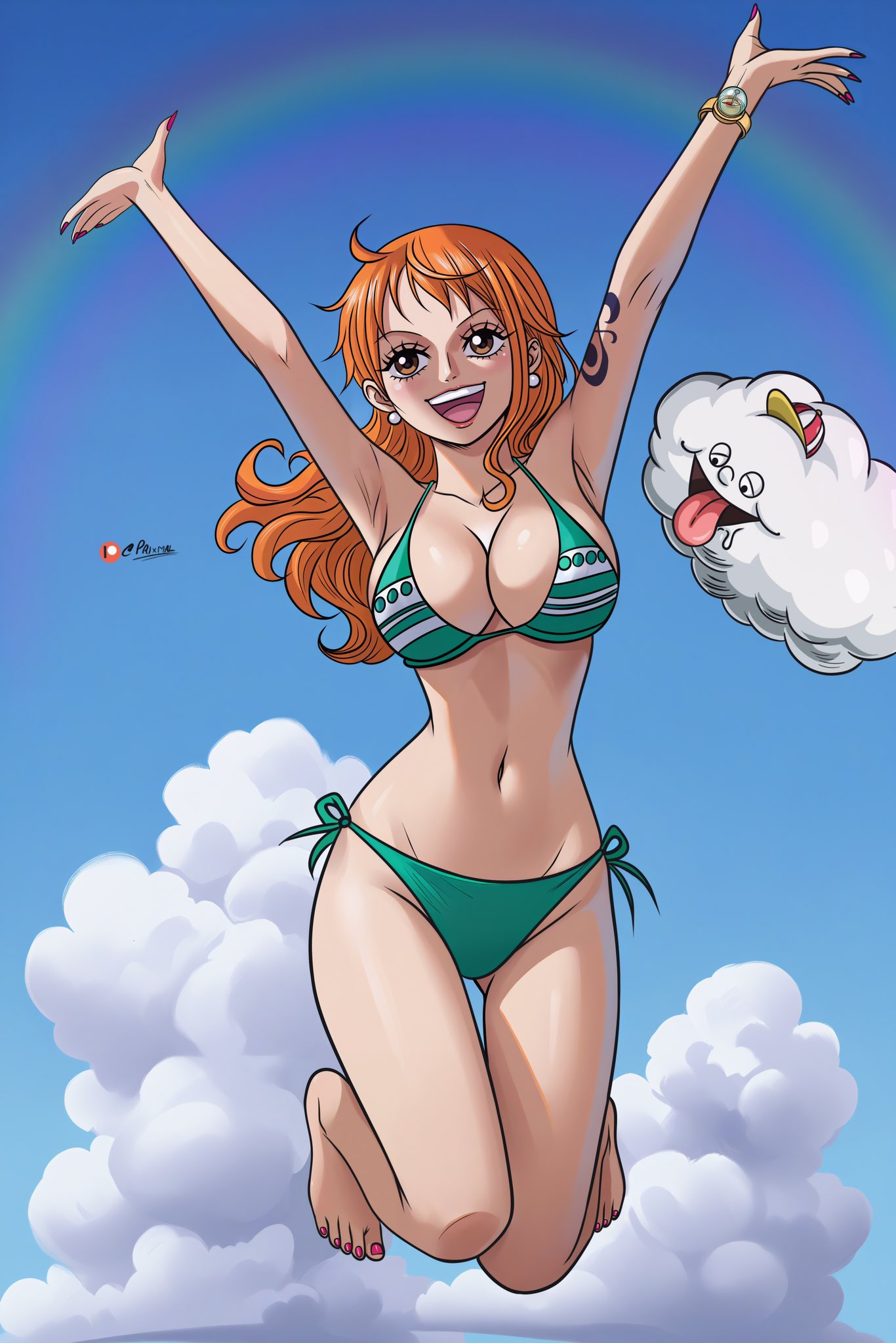 bikini breasts female female_only long_hair nami one_piece open_mouth orange_hair prixmal solo striped_bikini