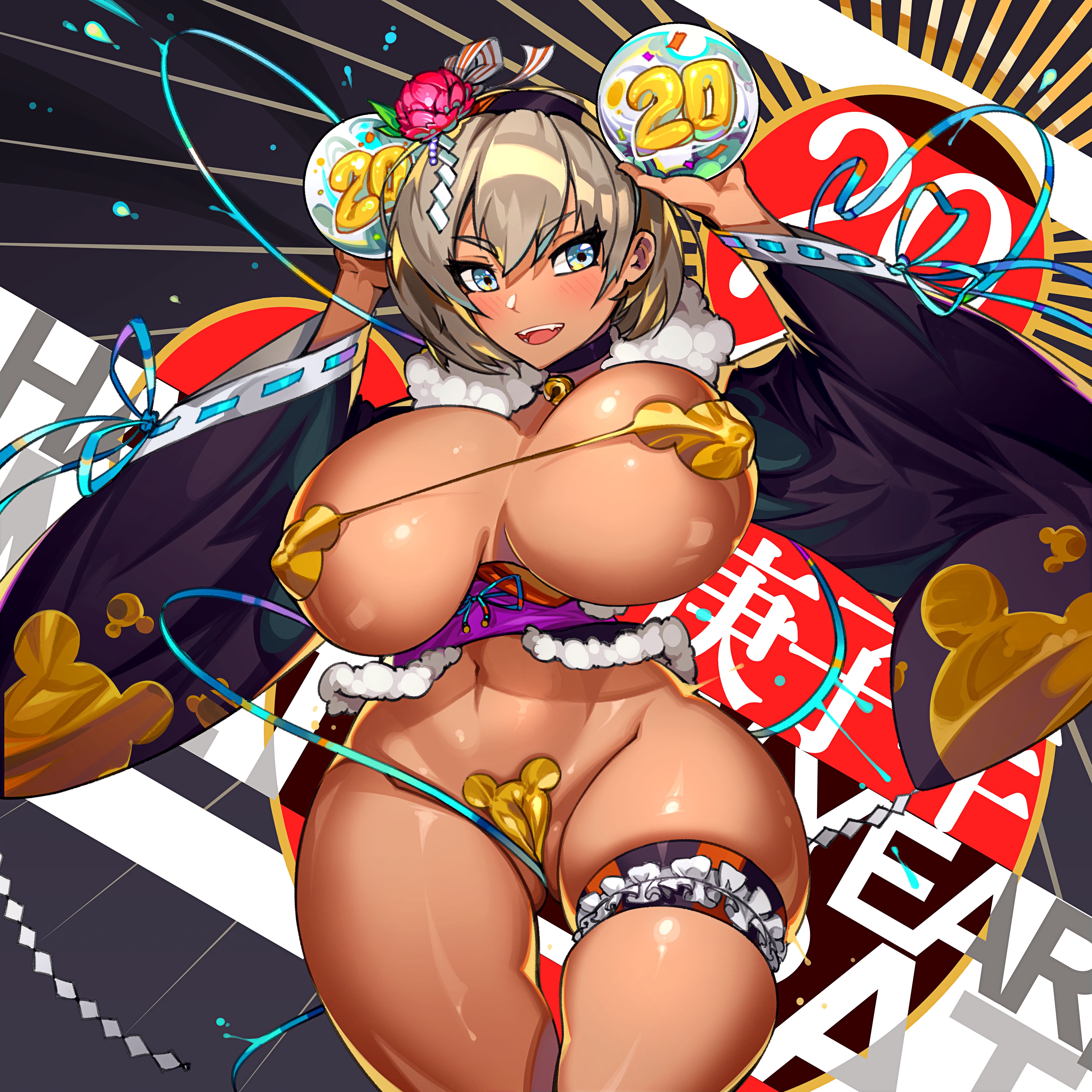 ass visible through thighs, between labia, bikini top, breasts, cameltoe, choker, curvy, female, gradient eyes, gyaru, hair ornament, huge breasts, innie pussy, kimono, powergene, powzin, pussy, short hair, tanned, tanned skin, thick thighs, wide hips