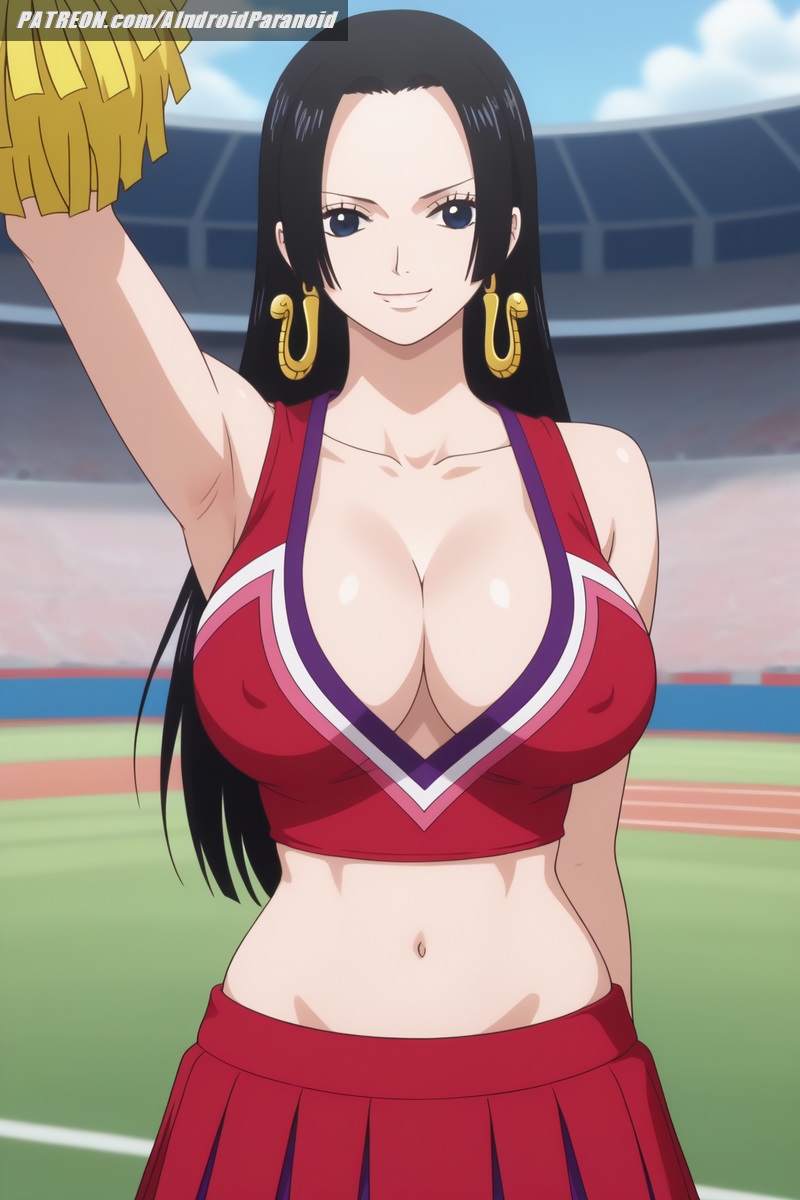 1girls, ai generated, aindroidparanoid, ass, big breasts, black eyes, black hair, black-haired female, boa hancock, breasts, busty, cheerleader, cleavage, covered nipples, female, female only, huge ass, huge breasts, large breasts, long hair, midriff, narrow waist, navel, nipples, one piece, outdoors, pom poms, ponytail, shirt, skirt, slim waist, stable diffusion, stadium, straight hair, taller female