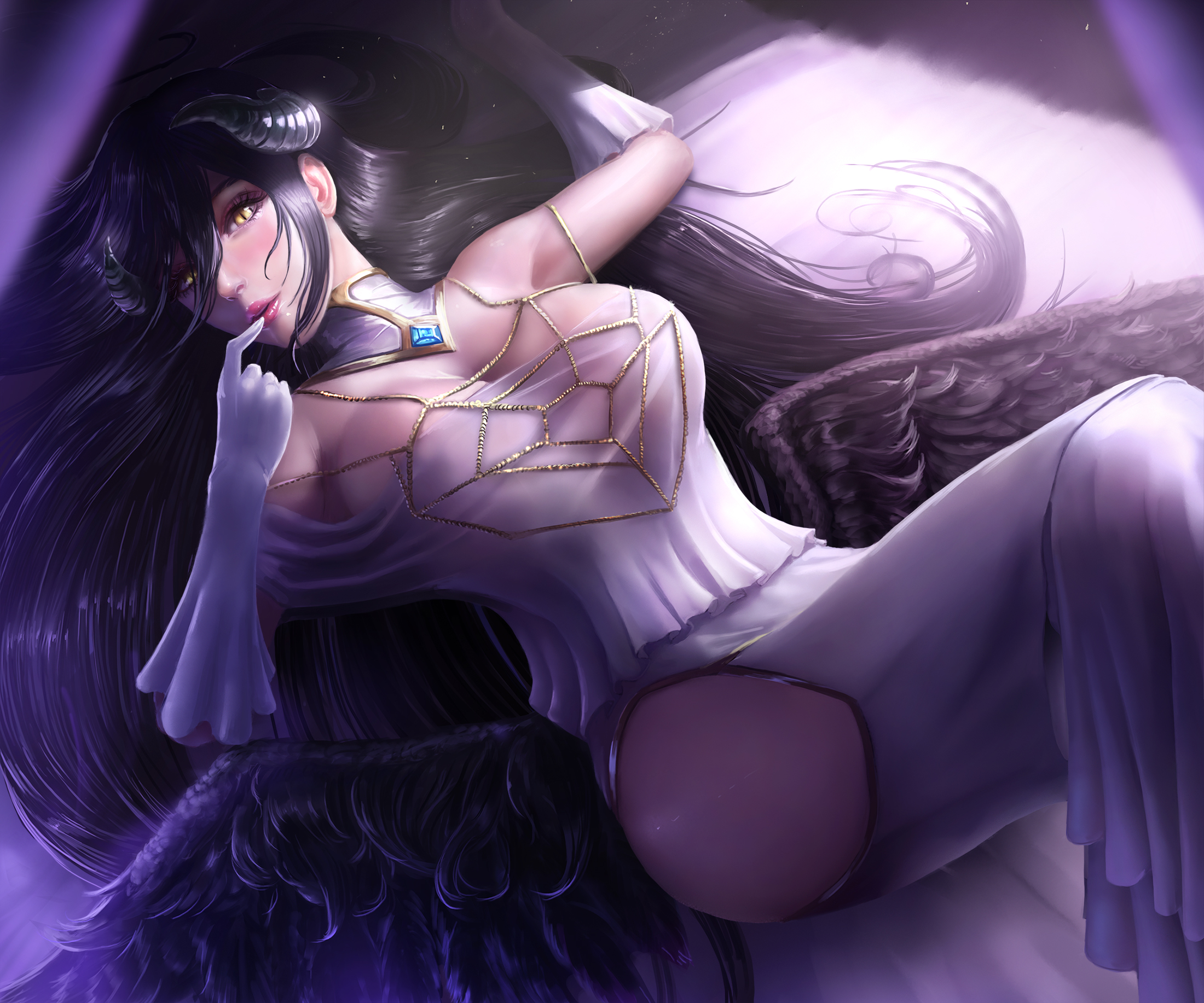 1girls, albedo (overlord), black hair, blush, breasts, clothed, demon, female, gloves, high resolution, highres, horns, limgae, nipples, on bed, overlord (maruyama), succubus, yellow eyes