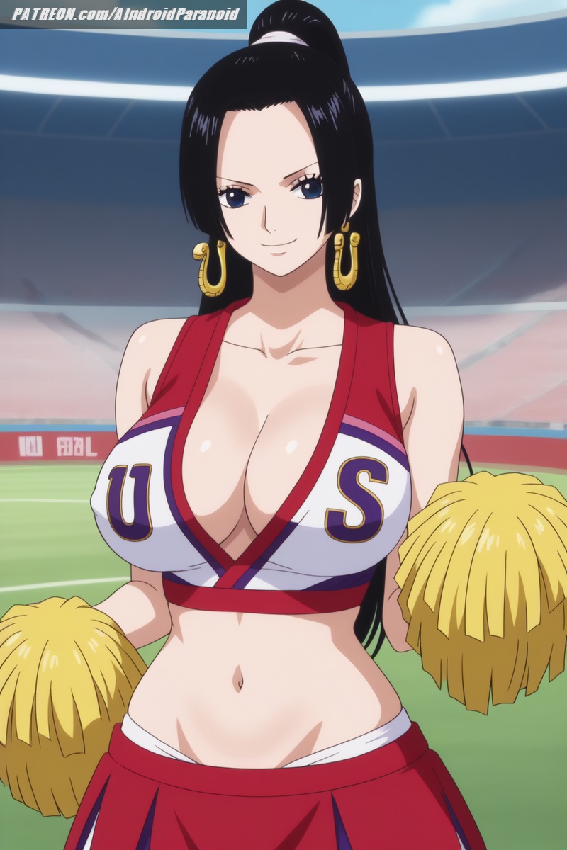 ai generated, aindroidparanoid, ass, big breasts, black eyes, black hair, boa hancock, breasts, busty, cheerleader, cleavage, covered nipples, female, female only, huge ass, huge breasts, large breasts, long hair, midriff, narrow waist, navel, nipples, one piece, outdoors, pom poms, ponytail, shirt, skirt, slim waist, stable diffusion, stadium, straight hair, taller female