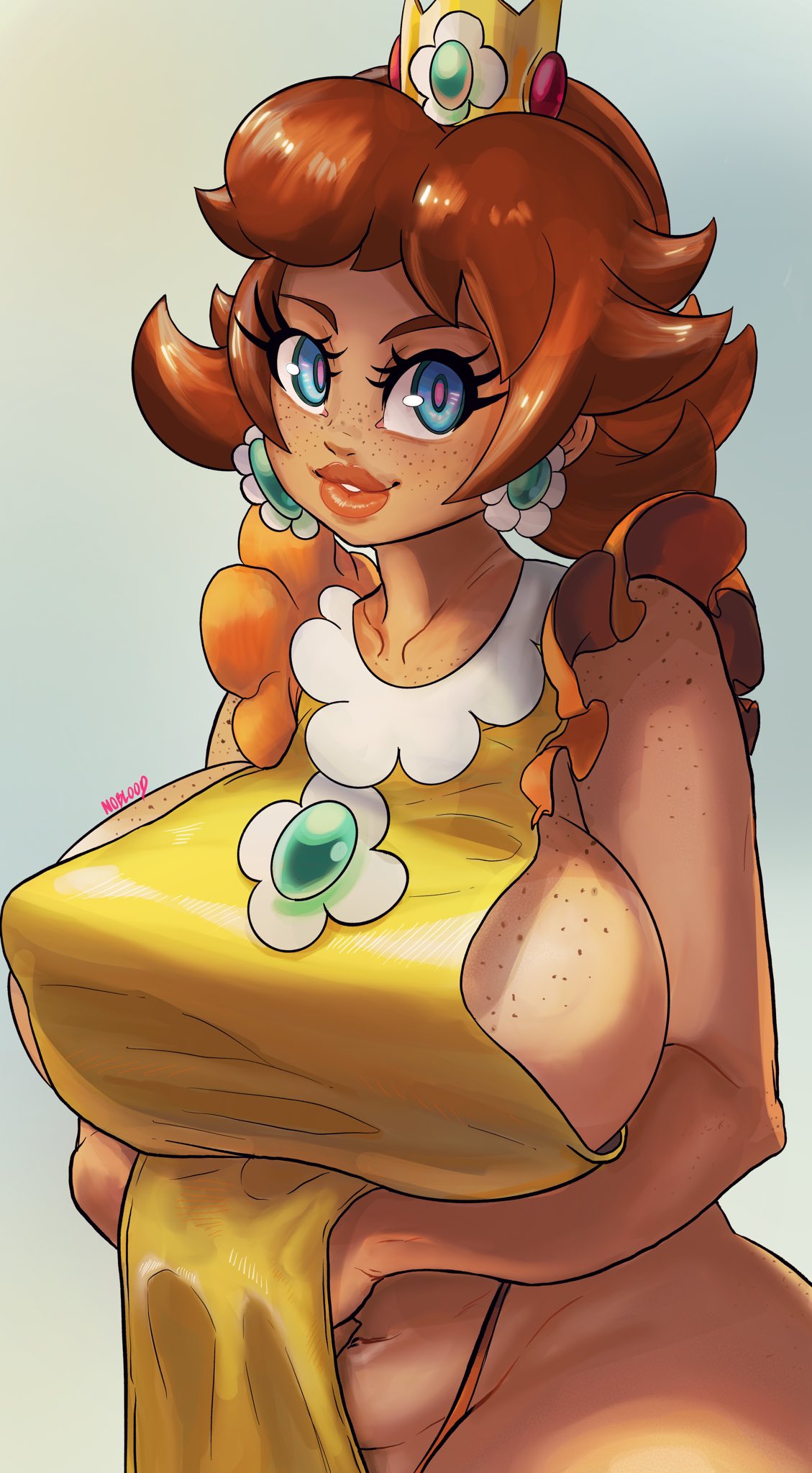 1girls, 2020, apron, bare shoulders, belly, big breasts, big nipples, bimbo, blue eyes, breasts, brooch, brown hair, crown, earrings, erect nipple, erect nipples, female, female focus, female only, flower earrings, freckles, ginger hair, huge breasts, huge nipples, large breasts, lips, lipstick, looking at viewer, mario (series), nintendo, nipples, noblood, panties, princess, princess daisy, royalty, short hair, shoulder length hair, sideboob, simple background, slightly chubby, smile, solo, solo female, solo focus, standing, tan skin, teeth, thong, underwear, voluptuous, white background, wide hips