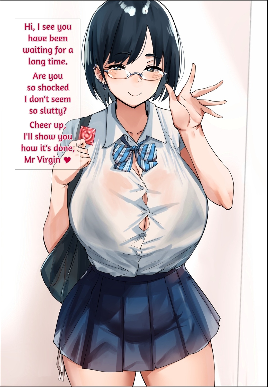 1boy 1girls 2020 :) bag barely_contained barely_contained_breasts black_bag black_hair black_hair_female blue_bowtie blue_skirt bowtie bursting bursting_breasts bursting_clothes c-kyuu carrying_bag closed_smile collared_shirt condom condom_in_hand consensual curvaceous curvy curvy_body curvy_female curvy_figure dialogue ear_piercing earring earrings edit english english_dialogue english_text english_translation fat_hips fat_thighs february glasses glasses_on_face handbag happy happy_female hi_res highres holding_condom holding_object imminent_sex imminent_virginity_loss inviting_to_fuck inviting_to_sex looking_at_viewer nerd nerdy nerdy_female no_sex offscreen_male pierced_ears piercing piercings pink_condom plump_thighs shirt shirt_collar short_hair short_hair_female simple_background skirt smiling_at_viewer staring_at_viewer striped_bowtie text thick thick_hips thick_legs thick_thighs third-party_edit translated virgin virgin_male waving waving_at_viewer wearing_glasses white_background white_shirt