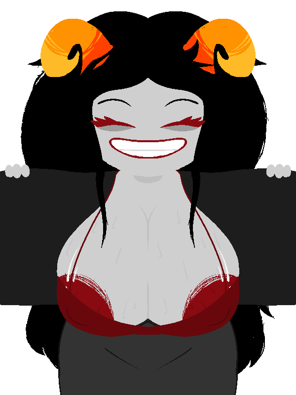 1female 1girls 2d 2d_(artwork) 2d_artwork accurate_art_style aradia_megido areolae barely_contained_breasts big_breasts big_breasts black_hair breasts breasts clothed clothed_female clothes clothing delustdemon female female female_focus female_only grey_skin hair homestuck horns long_hair nipple_bulge presenting_breasts showing_off smiling solo solo_female solo_focus troll_female