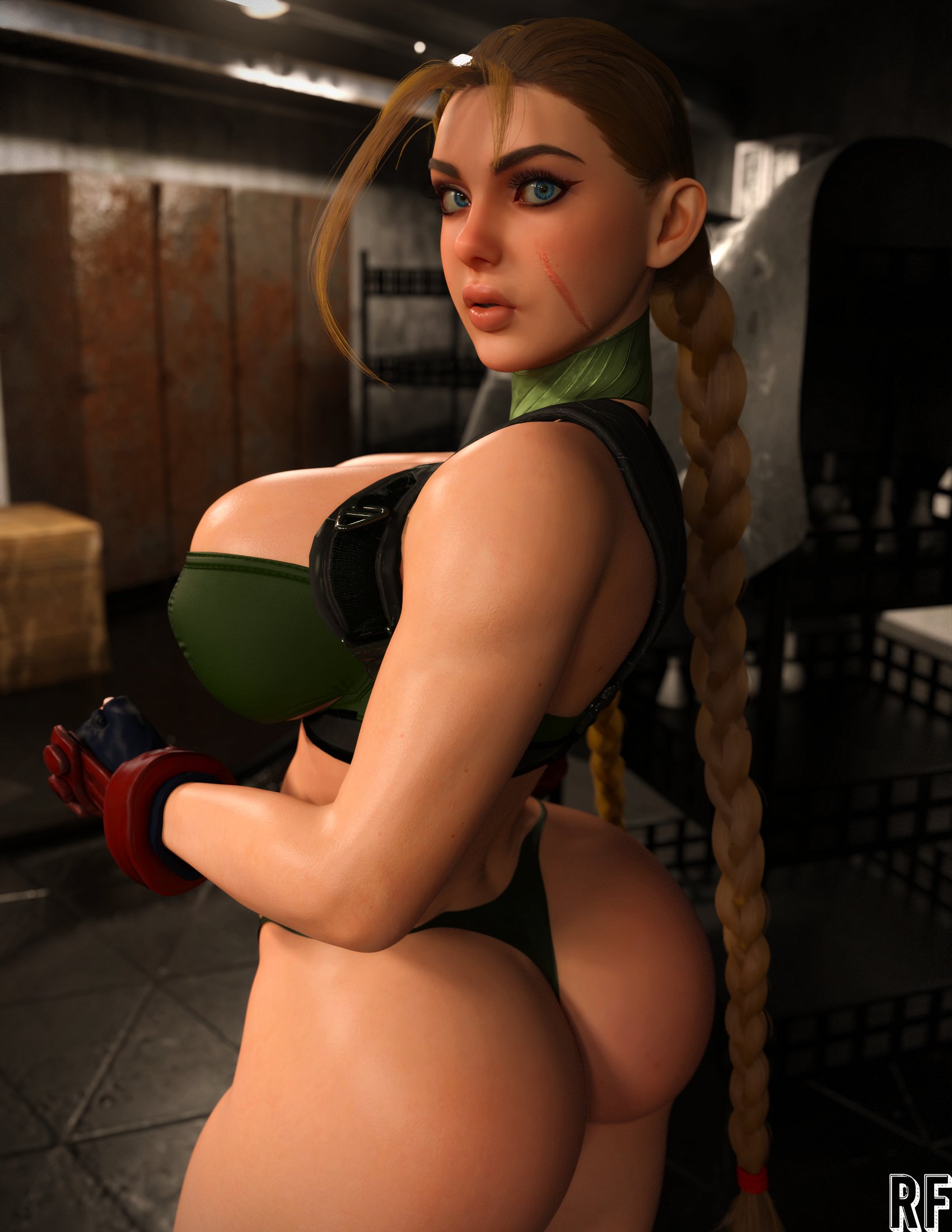 3d, ass, big ass, big breasts, blonde hair, breasts, cammy white, capcom, female, huge ass, light skin, light-skinned female, looking at viewer, looking back, rude frog, scar, street fighter