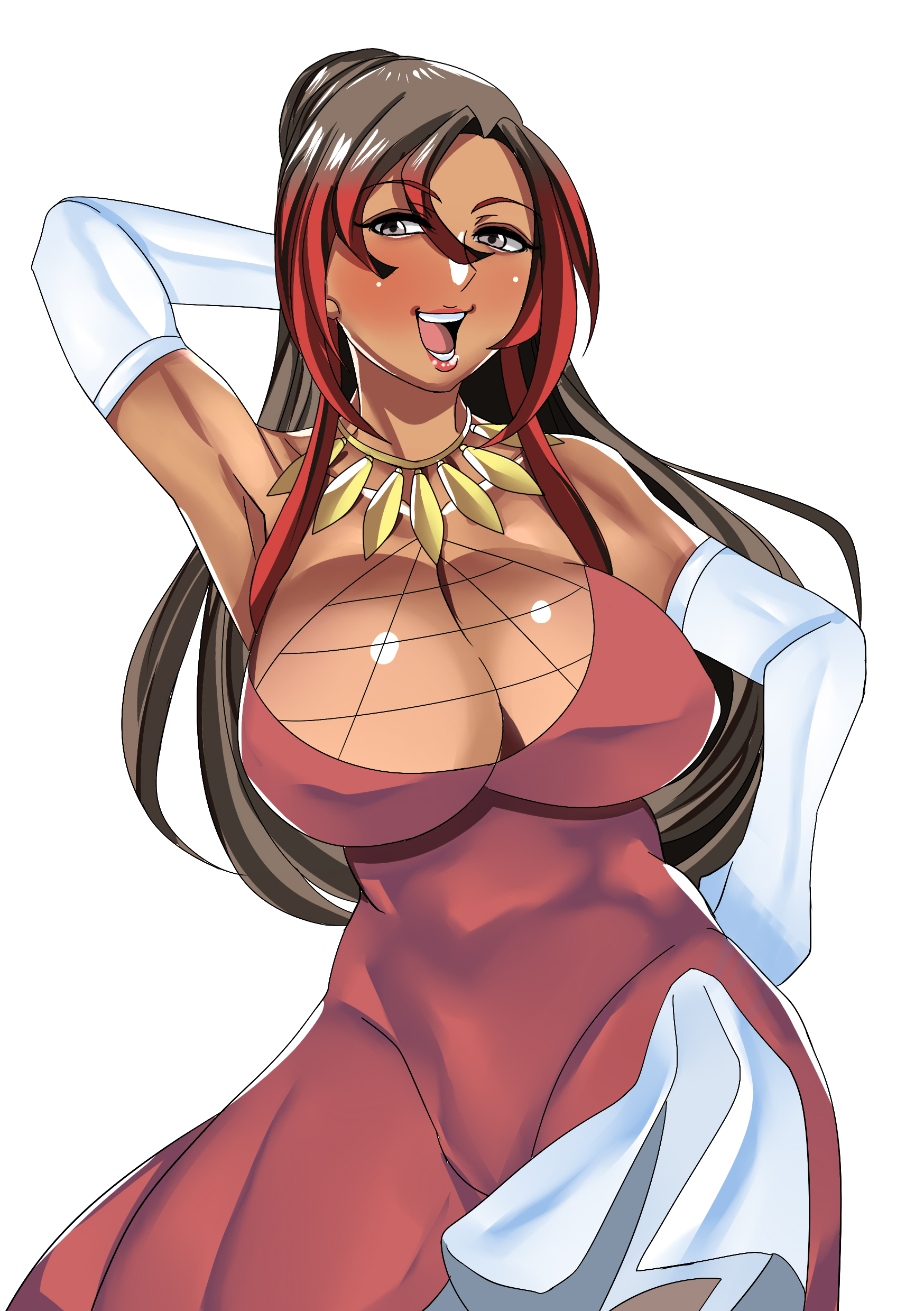 1girls, arm up, armpits, breasts, brown hair, cleavage, cowboy shot, curvy, dark skin, dress, elbow gloves, female, female only, gloves, hair bun, hanging breasts, kono subarashii sekai ni shukufuku wo!, large breasts, long hair, purple eyes, solo, sylvia (konosuba), white background, wide hips