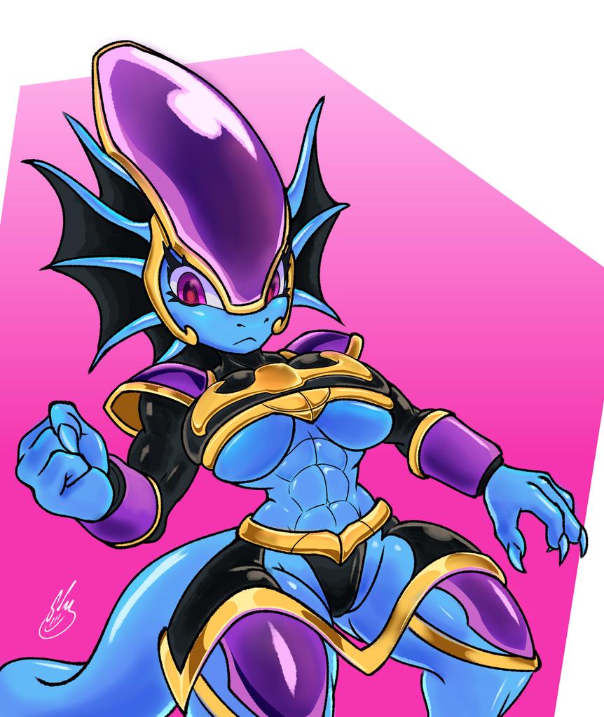 1girls aquatic_dragon armor barely_sly blue_skin claws dragon fins freedom_planet freedom_planet_2 helmet merga non-mammal_breasts purple_eyes skimpy_armor sole_female tail toned toned_belly toned_female toned_stomach water_dragon