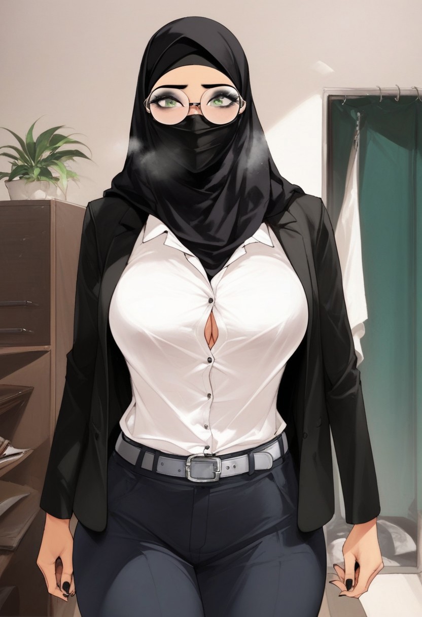 ai_generated belt big_ass big_breasts blazer button_down_shirt button_gap circular_glasses civitai cleavage clothed female female_focus female_only glasses green_eyes hijab hijabi ihatethemic large_ass large_breasts looking_at_viewer muslim muslim_female office office_clothing office_lady pants round_glasses solo solo_focus standing tagme thick_thighs tight_clothes tight_clothing tight_shirt visible_breath wide_hips