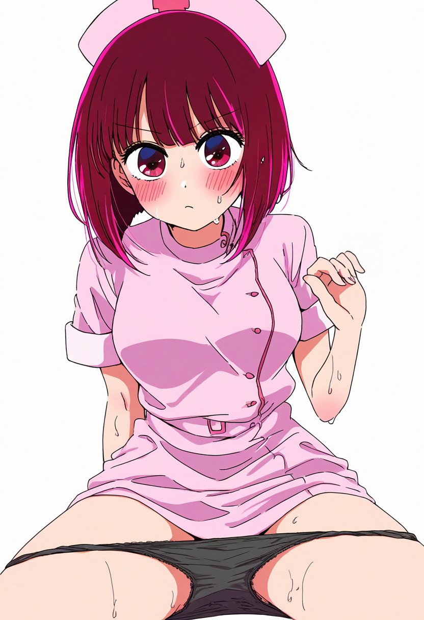 ai_assisted ai_generated arima_kana bare_arms bare_legs bare_thighs black_panties blush body_blush breasts closed_mouth jei_games medium_breasts nurse_cap nurse_uniform oshi_no_ko panties panties_down red_eyes red_hair short_hair sweat sweaty_body thighs