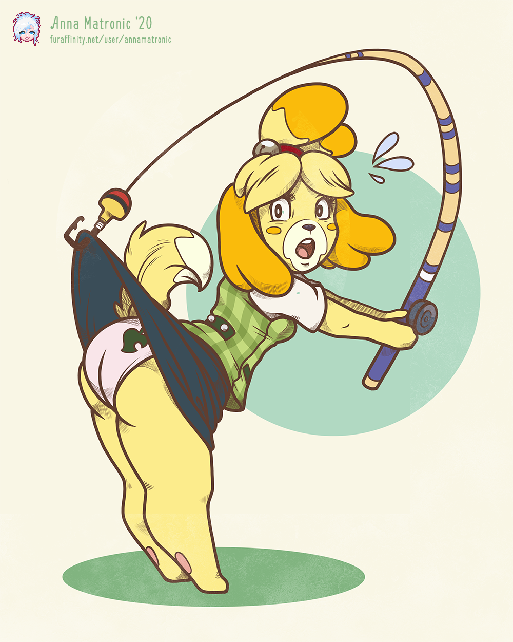 1girls, 2020, accidental exposure, animal crossing, anna matronic, anthro, ass, breasts, clothes stuck on object, curvy, female, female only, fishing line, huge ass, isabelle (animal crossing), medium breasts, nintendo, panties, print panties, skirt, skirt lift, solo, wardrobe malfunction