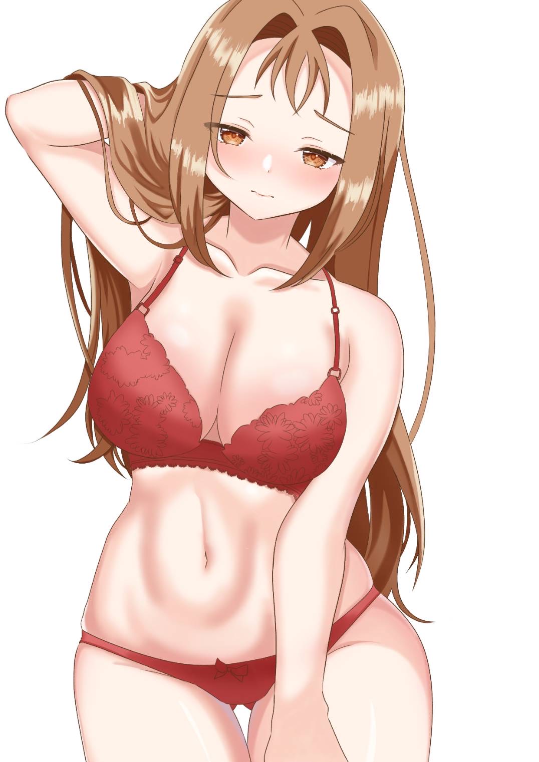 blush blush bow_on_panty brown_hair fair_skin hand_in_hair hazel_eyes kawai_shizuka long_hair navel no_background red_bra red_lace red_lingerie red_panties serenity_wheeler shizuka underwear yu-gi-oh! yu-gi-oh!_duel_monsters