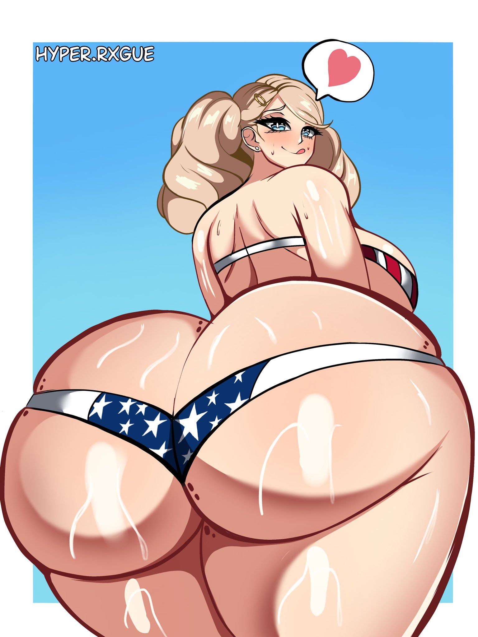 1girls, 4th of july, american flag bikini, ann takamaki, ass, ass bigger than head, ass bigger than torso, ass focus, big ass, big breasts, bikini, blonde hair, bottom heavy, breasts, bubble butt, busty, fat, fat ass, female, female only, gluteal fold, huge ass, huge breasts, hyperrxgue, large ass, large breasts, light-skinned female, looking at viewer, looking back, massive ass, persona, persona 5, solo, sweat, sweatdrop, sweaty ass, sweaty body, swimsuit, thick ass, thick thighs, thunder thighs, wide hips
