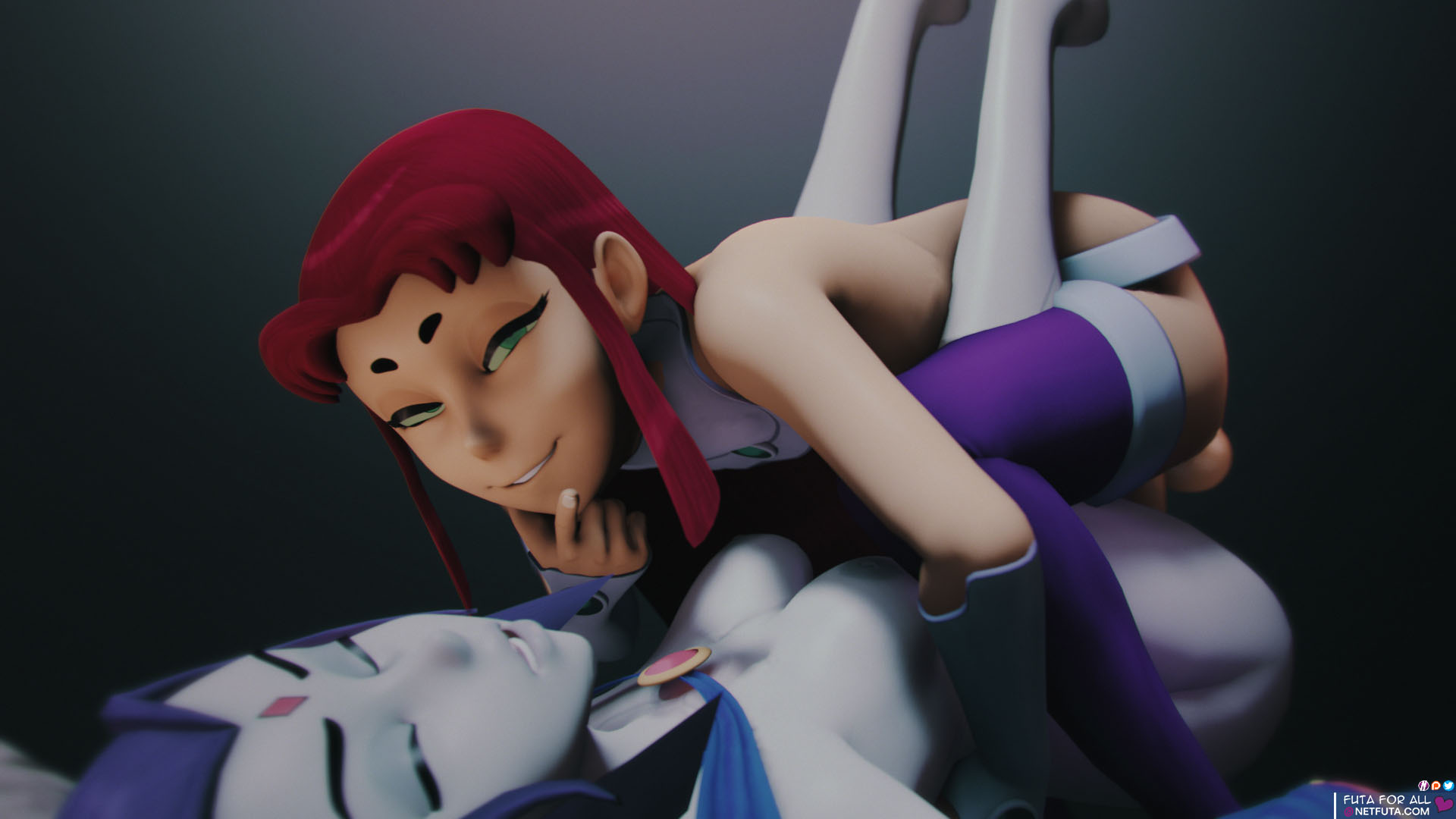 1futa, 1girls, 3d, ass, balls, bottomless, cleavage, curvy, dc, dc comics, deep penetration, erection, female, femsub, finger on chin, futa domination, futa on female, futadom, futanari, green eyes, grey skin, huge cock, humping, intersex, koriand'r, large ass, legs, legs apart, legs up, looking at viewer, mating press, mounted, netfuta, penis, pleasured, purple hair, rachel roth, raven (dc), red hair, render, smirk, smirking, source filmmaker, starfire, teen titans, testicles, thighs, thrusting, yellow skinrn