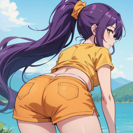 1girls ai_generated ass ass_focus bent_over big_ass big_butt booty brazilian female female_only huge_ass huge_butt iara_(tdm) lake looking_at_viewer looking_back looking_back_at_viewer mountain nature_background orange_shorts ponytail purple_hair shorts thick_thighs turma_da_monica turma_da_monica_jovem wide_hips yellow_shirt