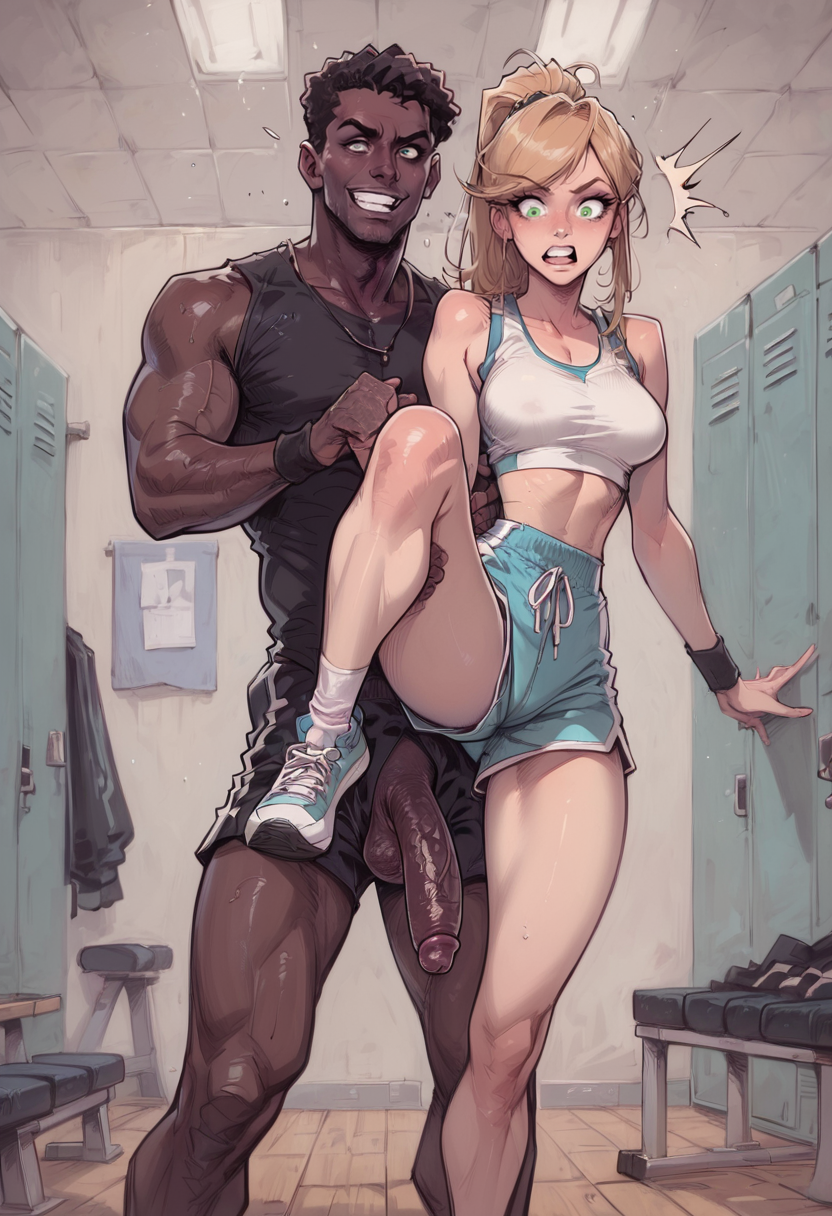 1boy, 1girls, ai generated, big penis, blonde hair, dark skin, dark-skinned male, female, interracial, light skin, light-skinned female, male, penis, shocked, shocked expression, straight