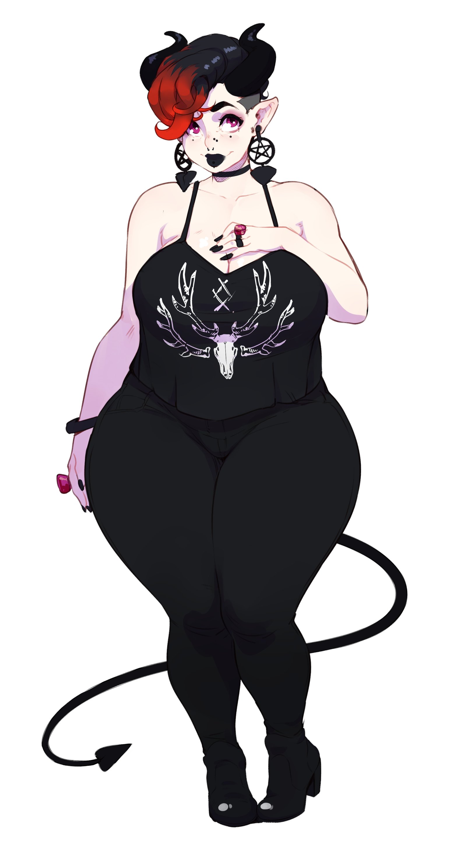 black lipstick, boots, bottom heavy, choker, cleavage, curvaceous, curvy, demon, female, goth, horns, illboxart, red eyes, thick thighs, two-tone hair, voluptuous