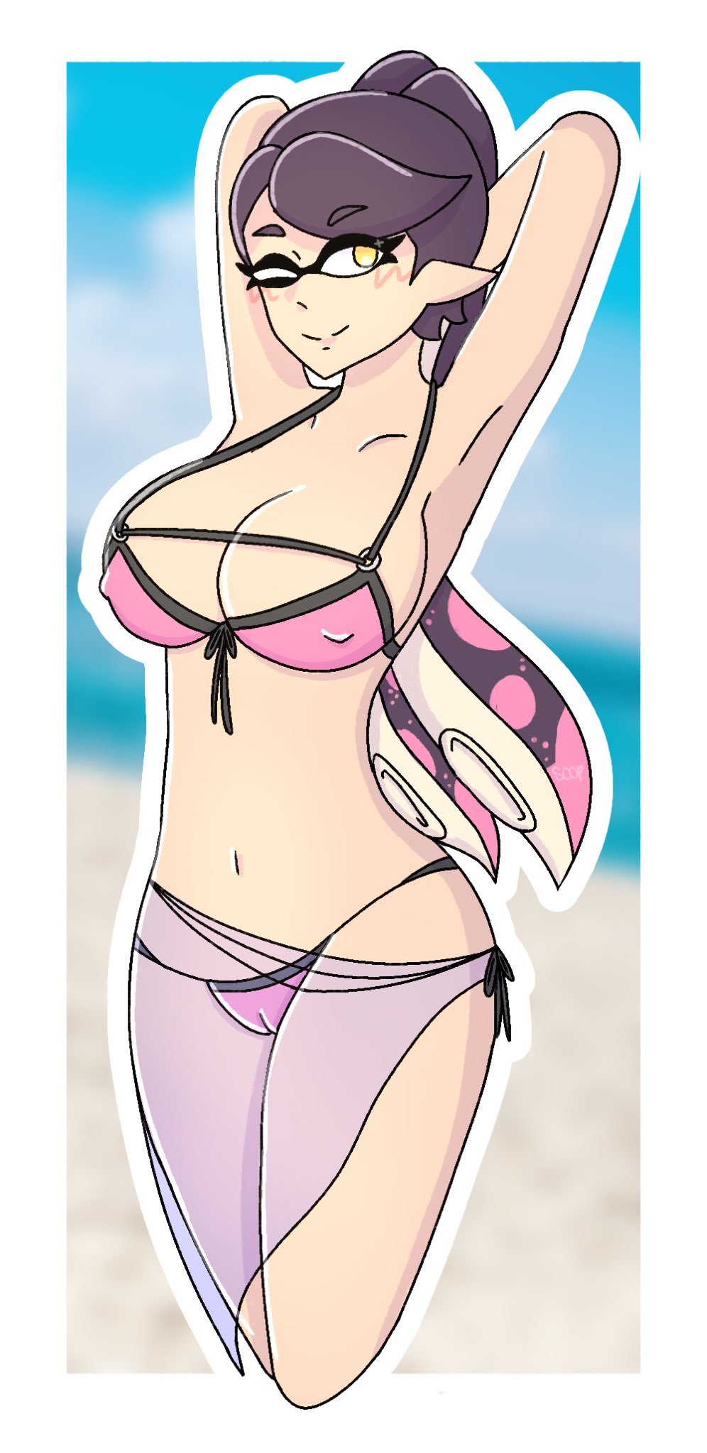 2d 2d_(artwork) 43soop animal_humanoid anthro beach big_ass big_breasts bikini black_hair callie_(splatoon) cephalopod cephalopod_humanoid humanoid inkling mask_(marking) nintendo perky_nipples pink_hair pointy_ears pussy pussy_visible_through_clothes splatoon squid squid_sisters tentacle tentacle_hair white_skin