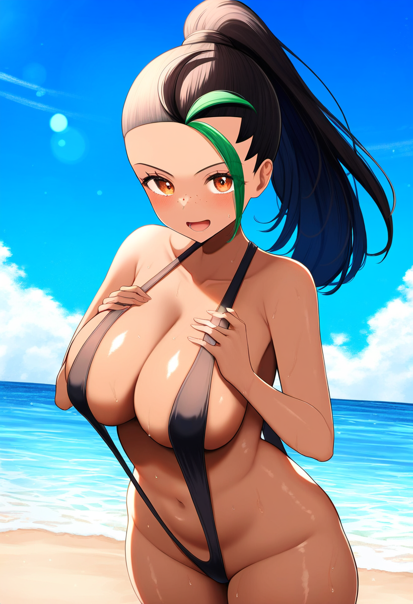 1girls ai_generated beach big_breasts bikini black_eyes black_hair breasts brown_eyes brown_hair cleavage collarbone creatures_(company) dark-skinned_female dark_skin female female_focus female_only game_freak green_hair keinovelnovelai nemona_(pokemon) nintendo npc_trainer ocean pokemon pokemon_sv sling_bikini solo thick_thighs thighs two_tone_hair