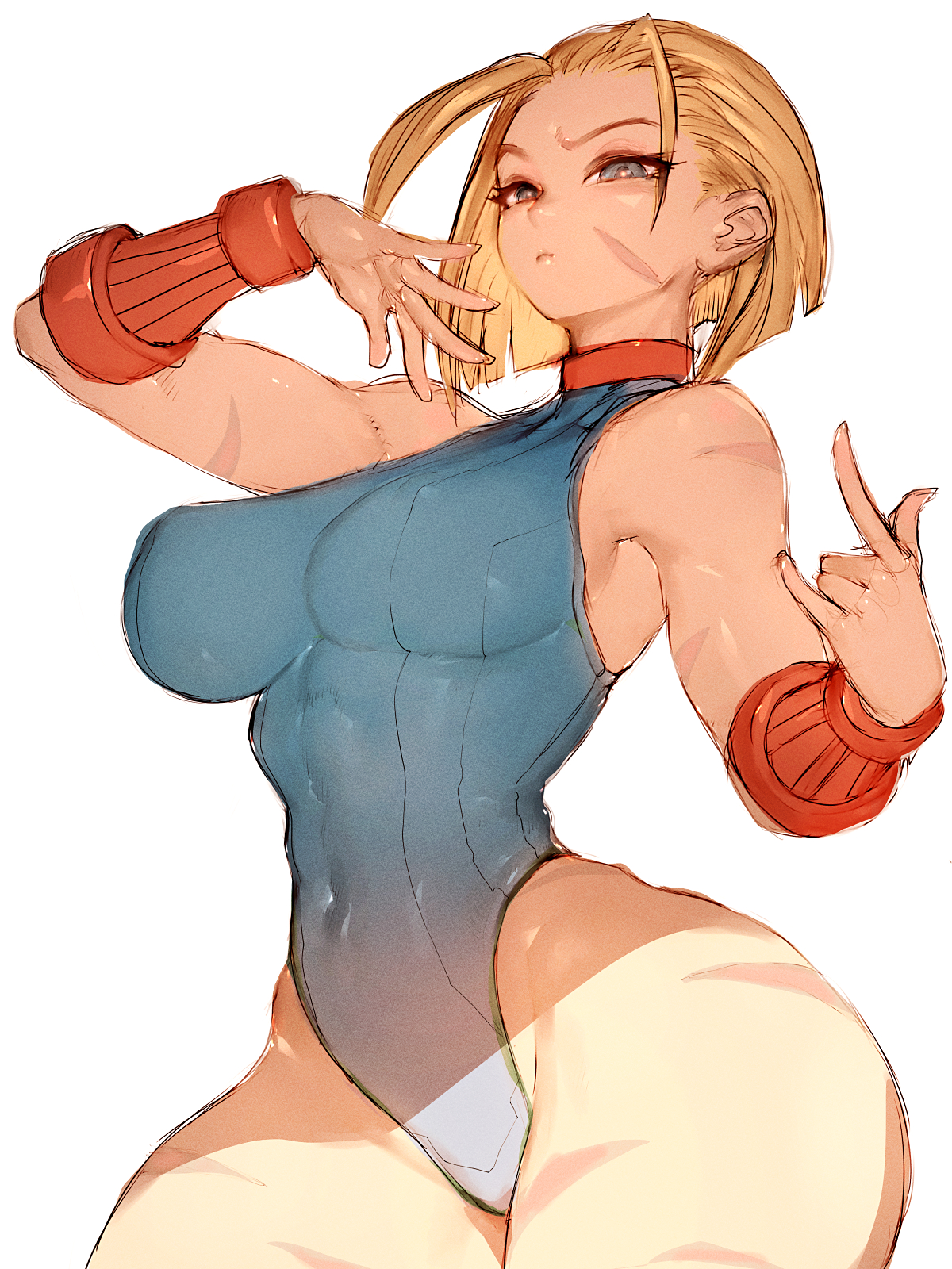 1girls, blonde hair, breasts, cammy white, capcom, female, fumio (rsqkr), highleg leotard, large breasts, leotard, light skin, light-skinned female, short hair, street fighter, thick thighs, wide hips