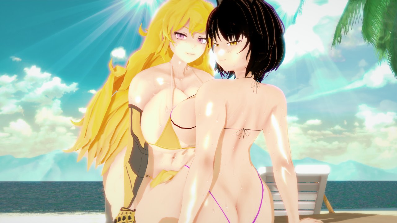 2girls beach bikini bikini_bottom bikini_top black_hair black_hair_female blake_belladonna blonde_female blonde_hair canon_couple looking_back ocean robotic_arm rwby stormstriker yang_xiao_long