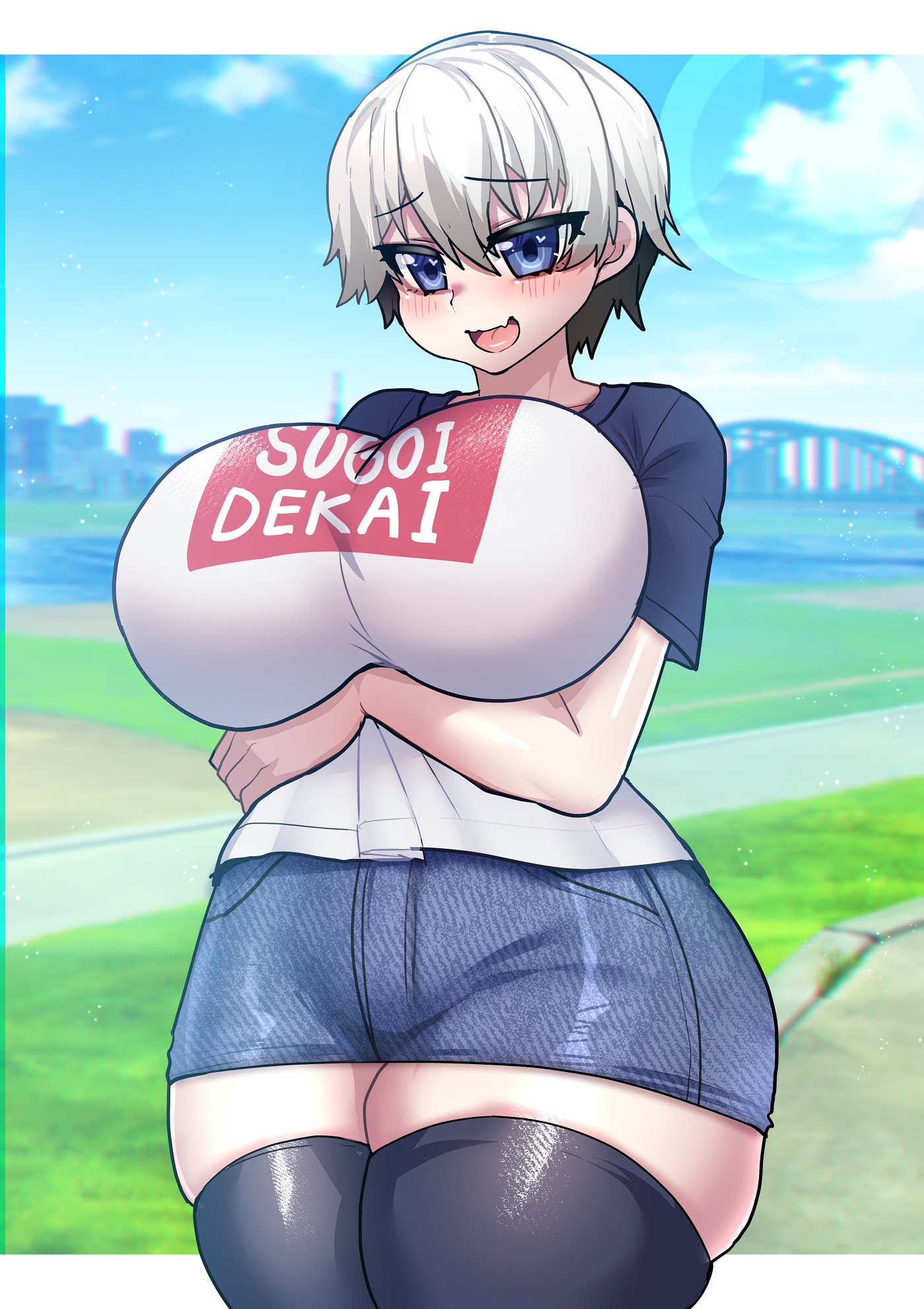 arms under breasts, blue eyes, blush, breasts, female, female only, huge breasts, oerba yun fang, osiimi, short hair, shorts, silver hair, smug, solo, t-shirt, thick thighs, thighhighs, uzaki hana, uzaki-chan wa asobitai!