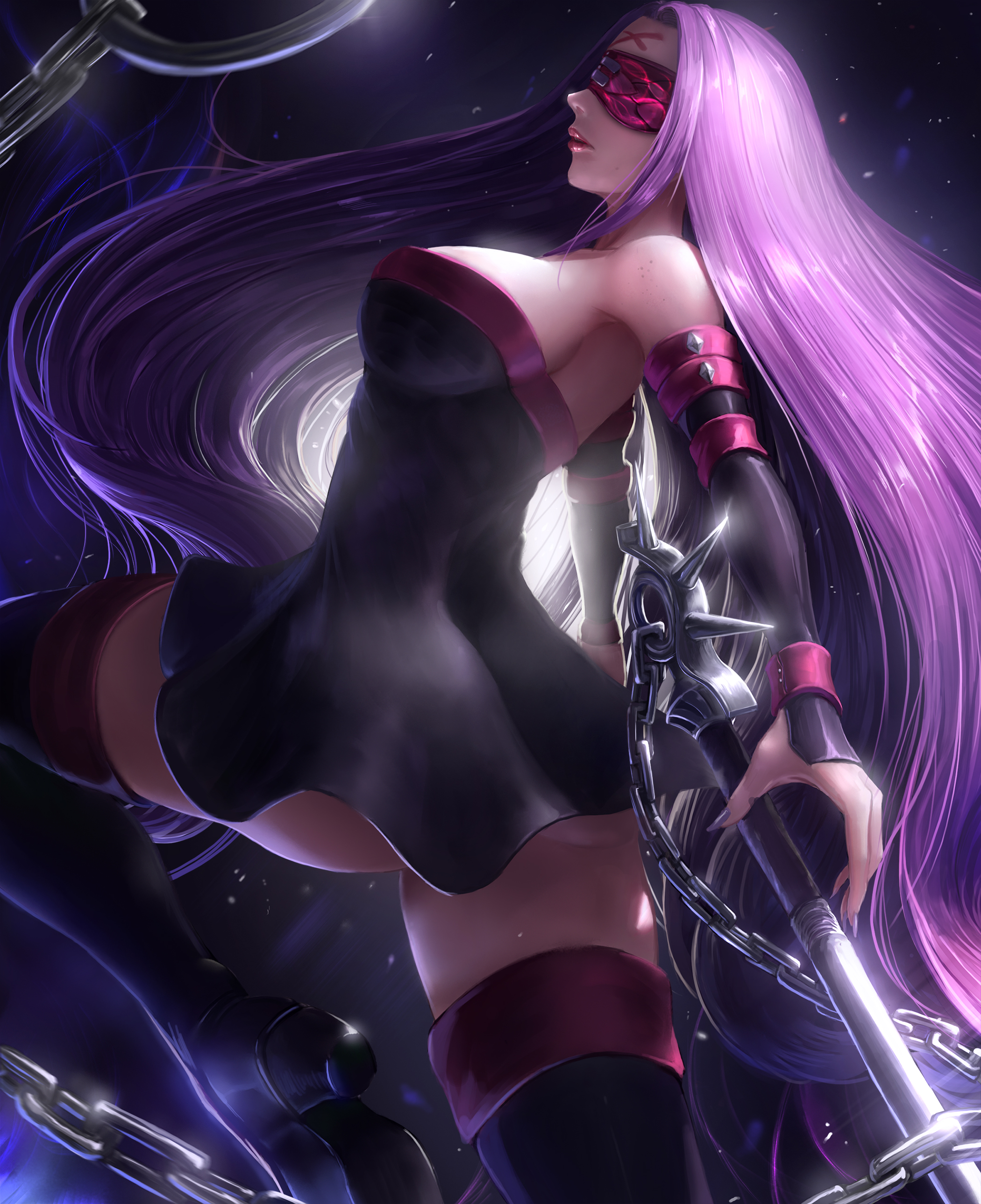 absurdres, backboob, blindfold, breasts, elbow gloves, fate (series), fate/stay night, female, high resolution, highres, large breasts, limgae, medusa (fate), purple hair, thick thighs, thighhighs