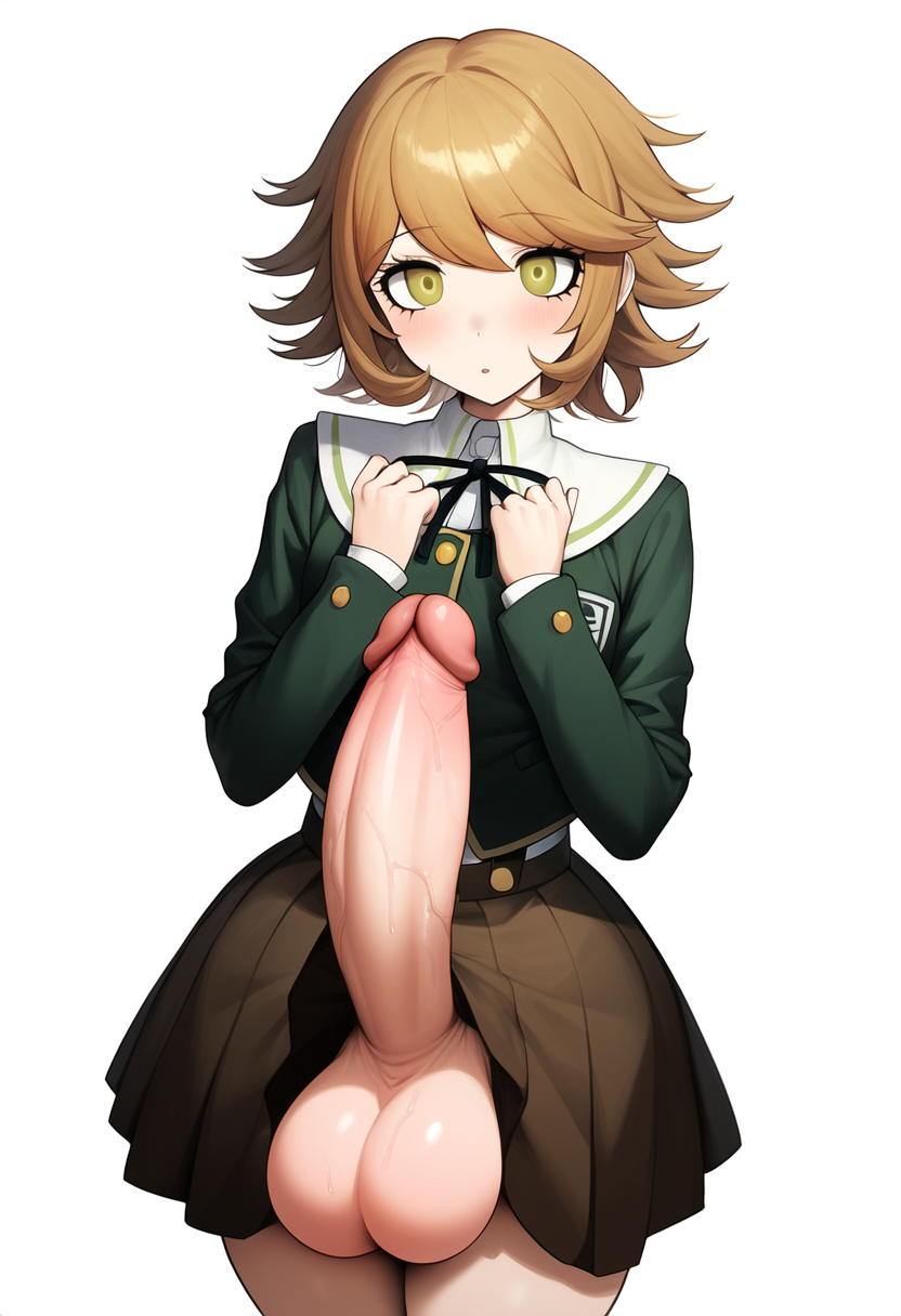 1boy ai_generated big_balls big_penis blush brown_hair brown_skirt danganronpa danganronpa:_trigger_happy_havoc dick erect_penis erection fat_cock femboy fujisaki_chihiro fully_clothed green_eyes green_shirt huge_balls huge_cock hung_femboy hung_trap large_balls large_penis novelai penis penis_out simple_background skirt small_but_hung white_background