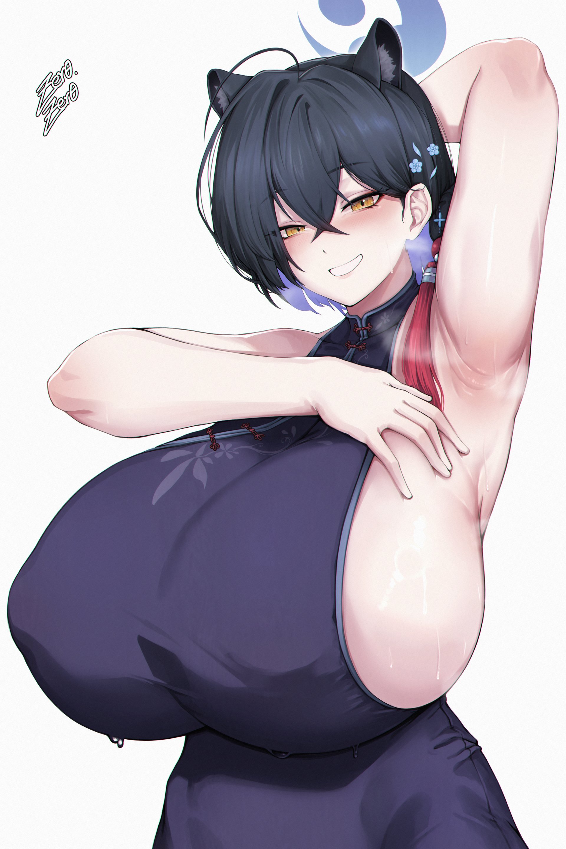 1girls, 2d, arm up, armpit fetish, armpits, blue archive, breasts, clothing, eyebrows visible through hair, female, female only, gigantic breasts, huge breasts, kaguya (blue archive), light skin, light-skinned female, peking opera club (blue archive), shanhaijing secondary school student, solo, tagme, yellow eyes, zer0artzer0