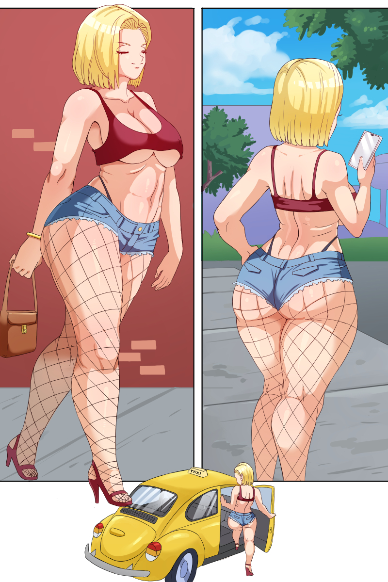 alternate version available, android, android 18, ass, big ass, big breasts, blonde hair, bob cut, breasts, cleavage, clothed, dragon ball, dragon ball z, female, female only, fishnet stockings, fishnets, high heels, pinkpawg, short hair, shounen jump, solo, solo female, solo focus, taxi, thick thighs