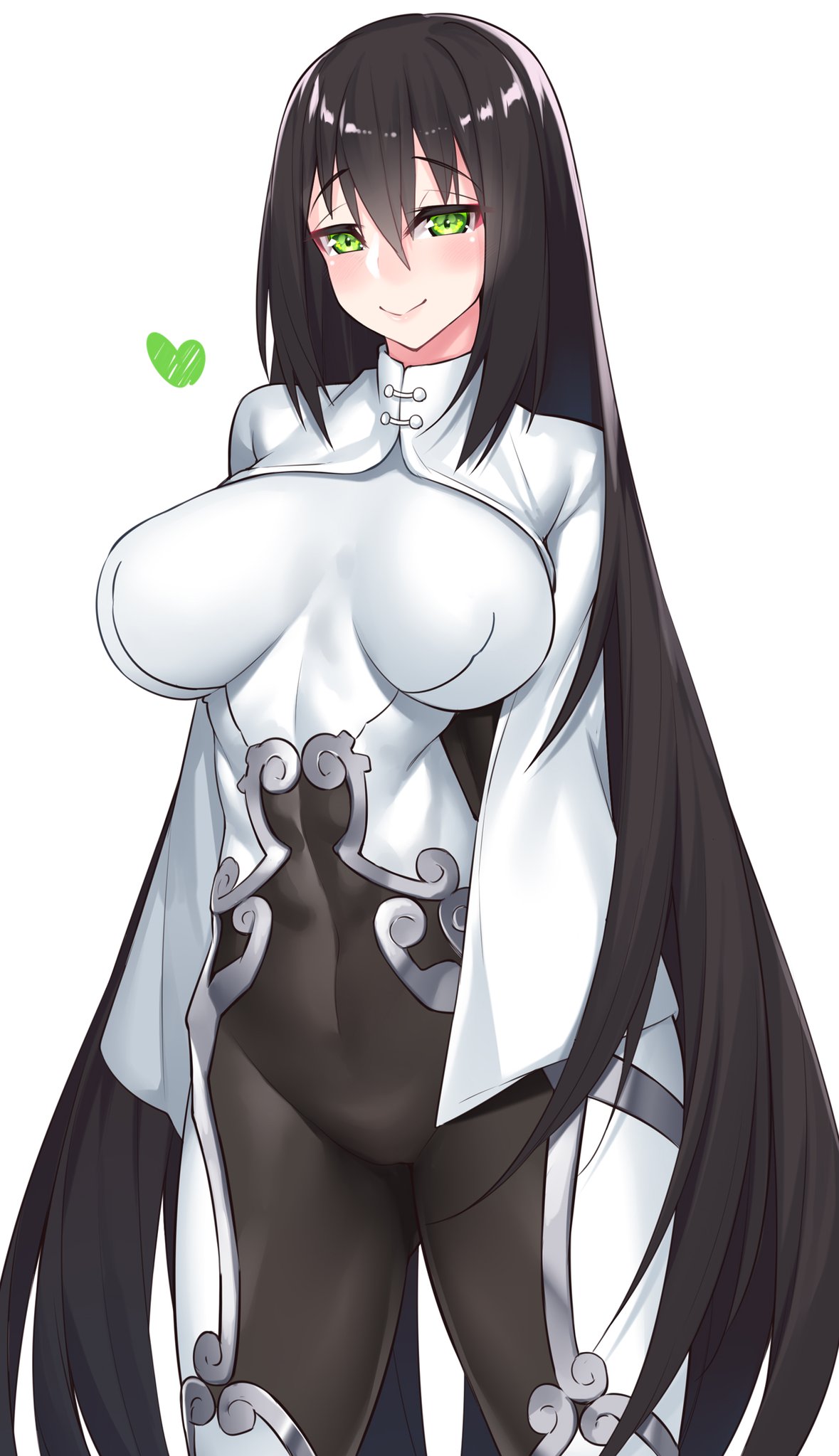 1girls, alternate hairstyle, big breasts, black hair, blush, bodysuit, breasts, chinese clothes, clothed, dark hair, fate (series), fate/grand order, female, female only, fully clothed, green eyes, heart, long hair, looking at viewer, qin liangyu (fate), smile, solo, standing, thick thighs, tight clothing, watosu (watosu mama)