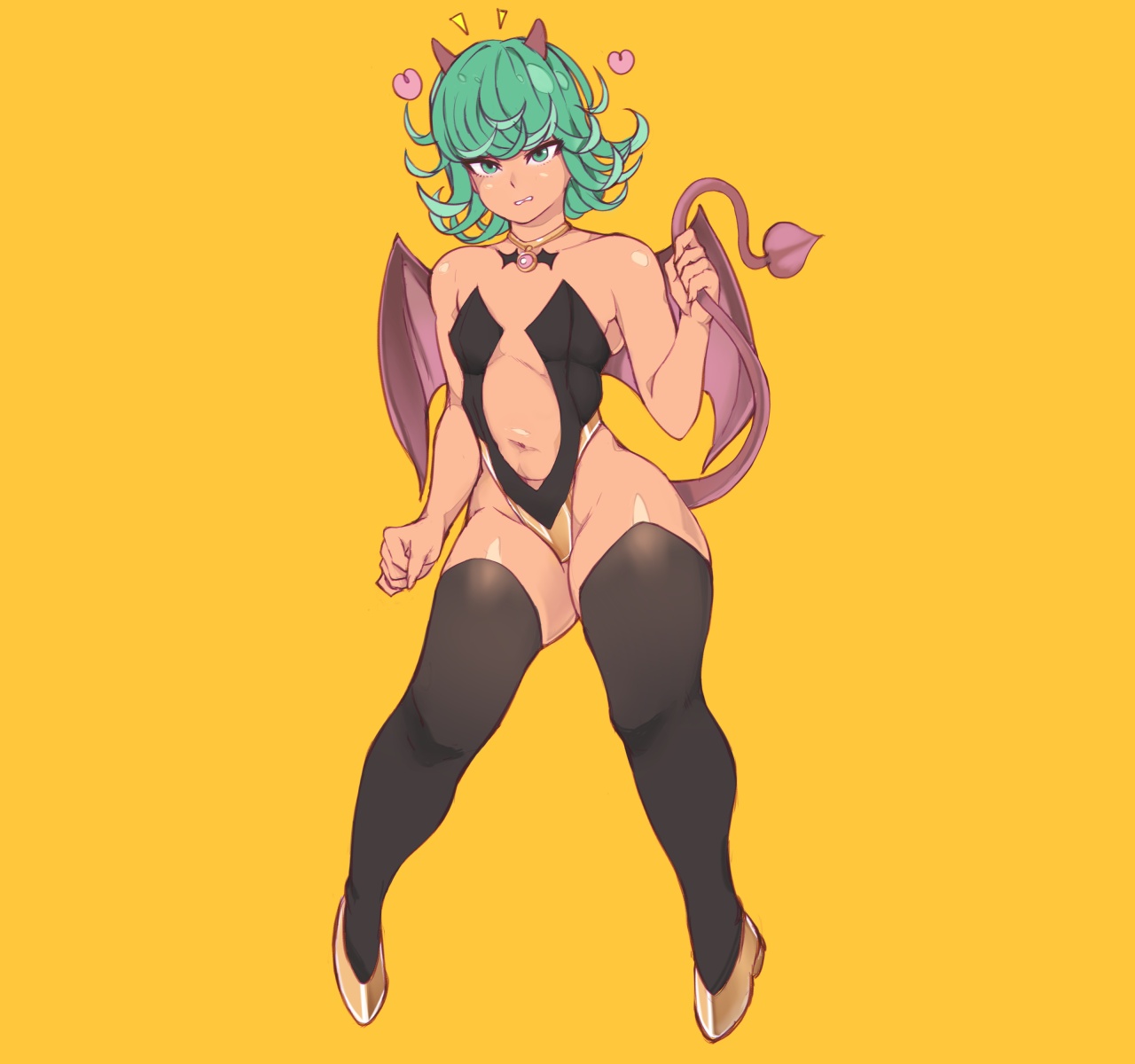 1girls, bat wings, breasts, curvy, demon, female, female only, green hair, heart, horns, keigi (artist), leotard, one-punch man, short hair, small breasts, solo, succubus, succubus costume, tail, tan, tatsumaki, thick thighs, thighhighs