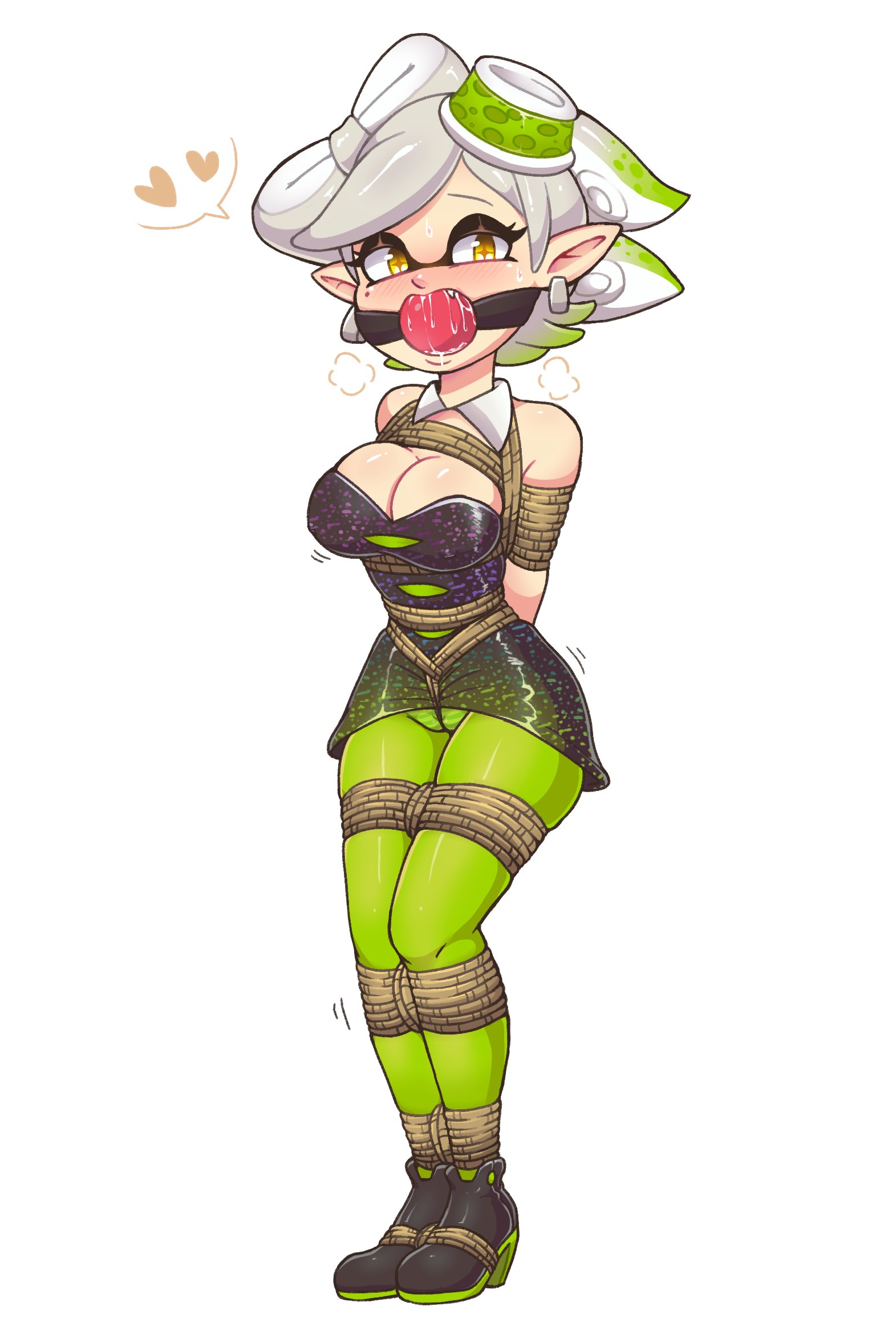 2019, arms behind back, ball gag, big breasts, blush, bondage, breasts, clothed, digital media (artwork), drooling, female, fully clothed, heart, inkling, looking at viewer, marie (splatoon), negitivess, rope bondage, saliva, short hair, splatoon, tied up