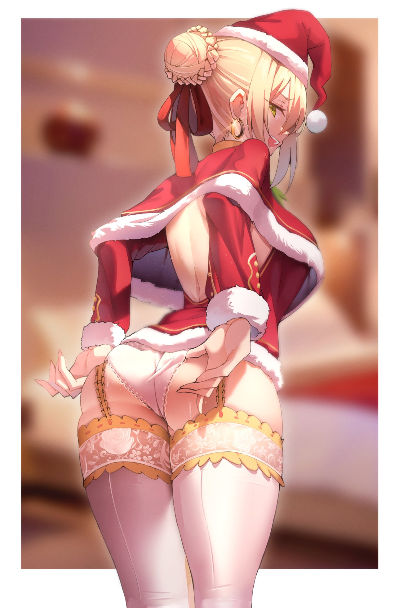 back_cutout big_ass blonde_hair christmas_outfit fate/grand_order fate_(series) garter_straps green_eyes hair_bun hoop_earrings k_pring large_breasts looking_at_viewer looking_back nero_claudius_(fate) no_nude santa_hat seductive_smile thighhighs