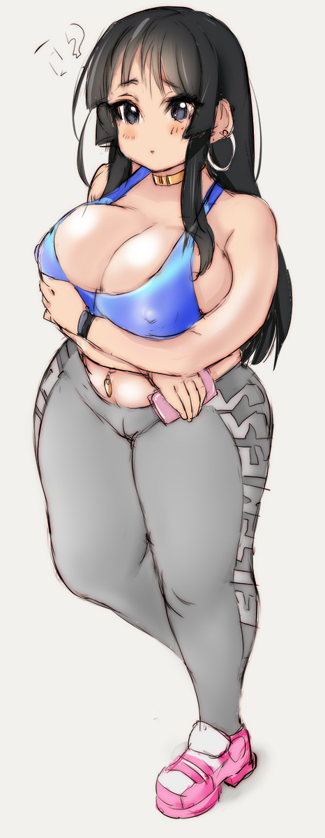 ?, belly piercing, black hair, breasts, cellphone, chubby, female, holding breasts, hoop earrings, huge breasts, human, human only, k-on!, keigi (artist), long hair, mio akiyama (k-on!), necklace, plump, slightly chubby, sports bra, sweatpants, thick thighs, wide hips, yoga pants