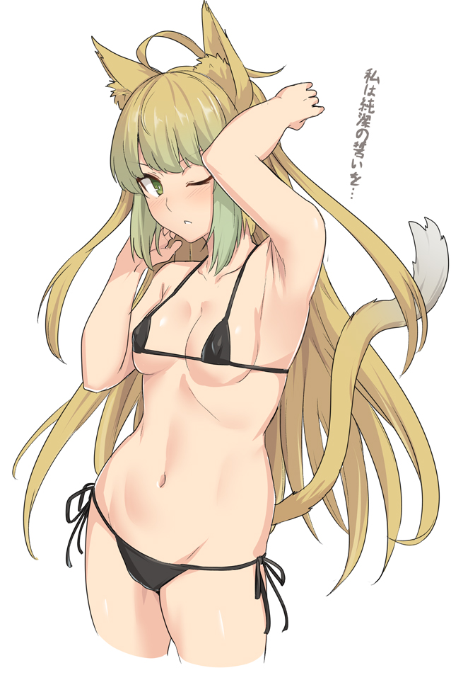 1girls, armpits, atalanta (fate), bikini, blonde hair, blush, breasts, cat ears, cat tail, collar bone, curvy, embarrassed, fate (series), fate/apocrypha, female, green eyes, green hair, kemonomimi, light skin, long hair, micro bikini, multicolored hair, navel, shiseki hirame, simple background, small breasts, solo, tagme, thighs