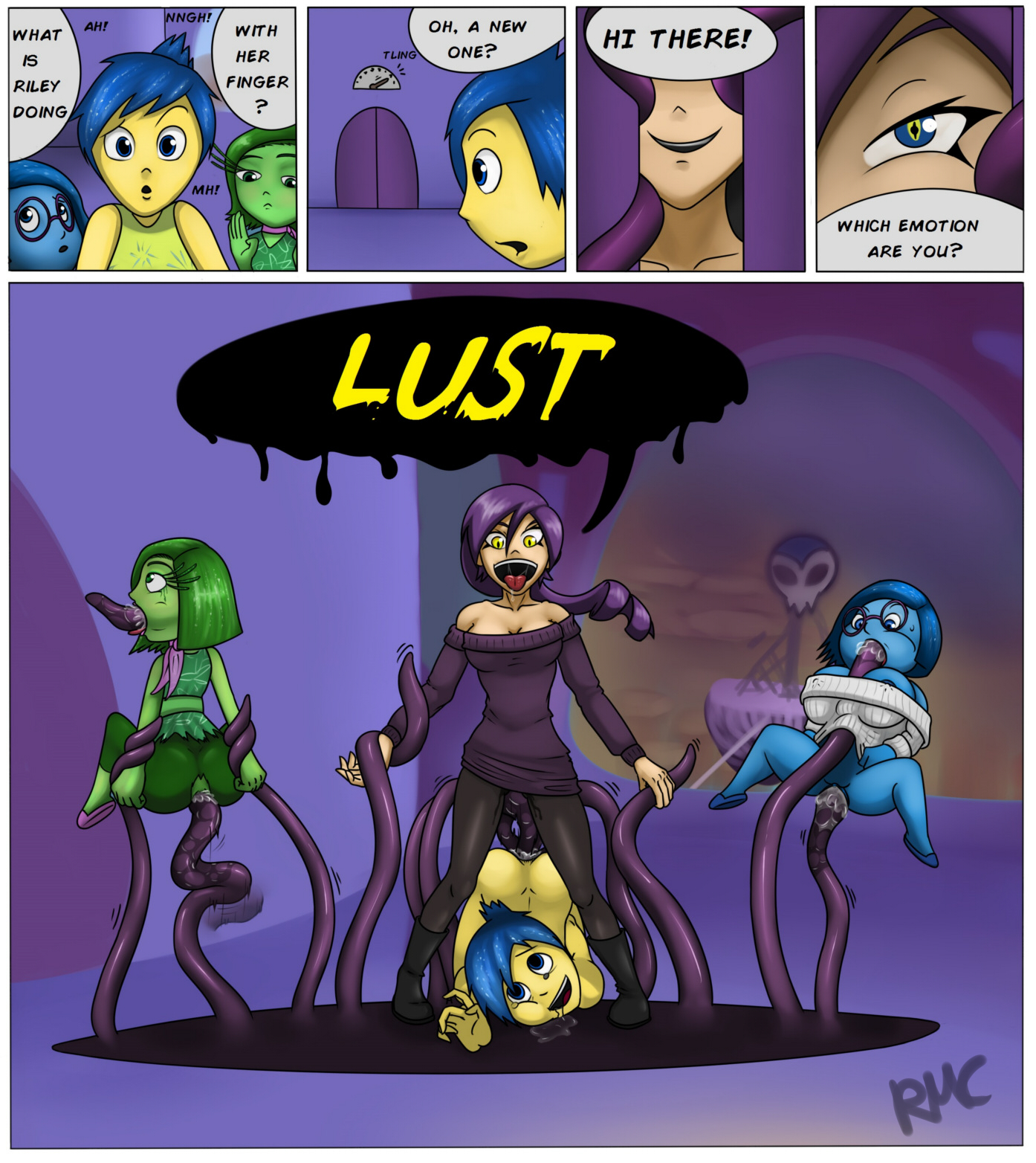 all the way through, anal, anal sex, anus, blue eyes, blue hair, blue skin, comic, disgust (inside out), disney, female, female only, green eyes, green hair, green skin, inside out, joy (inside out), lust (inside out), pixar, pussy, rmc, sadness (inside out), short hair, tentacle, vaginal penetration, vaginal sex, yellow skin, zone-tan