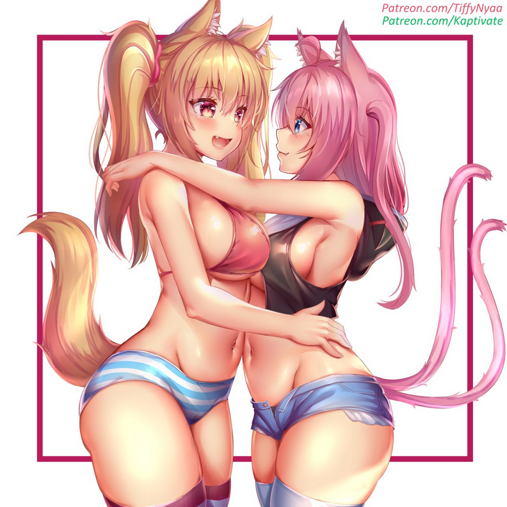 2_tails 2girls animal_humanoid big_breasts blonde_hair canine_humanoid cat_ears cat_humanoid cat_tail female_only jean_shorts kaptivate nekomia_(kaptivate) panties pink_hair short_shorts striped_panties tiffy tiffynyaa