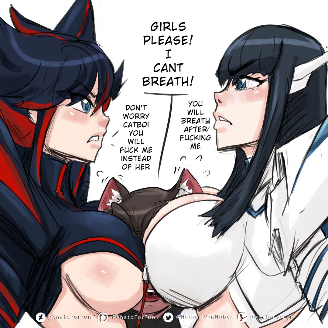 big_breasts breast_smother breasts catfight dark-skinned_male dark_skin english_text female junketsu kill_la_kill kiryuuin_satsuki kon_(renatoforfun) light-skinned_female light_skin male matoi_ryuuko renatoforfun senketsu sexfight sisters staredown text