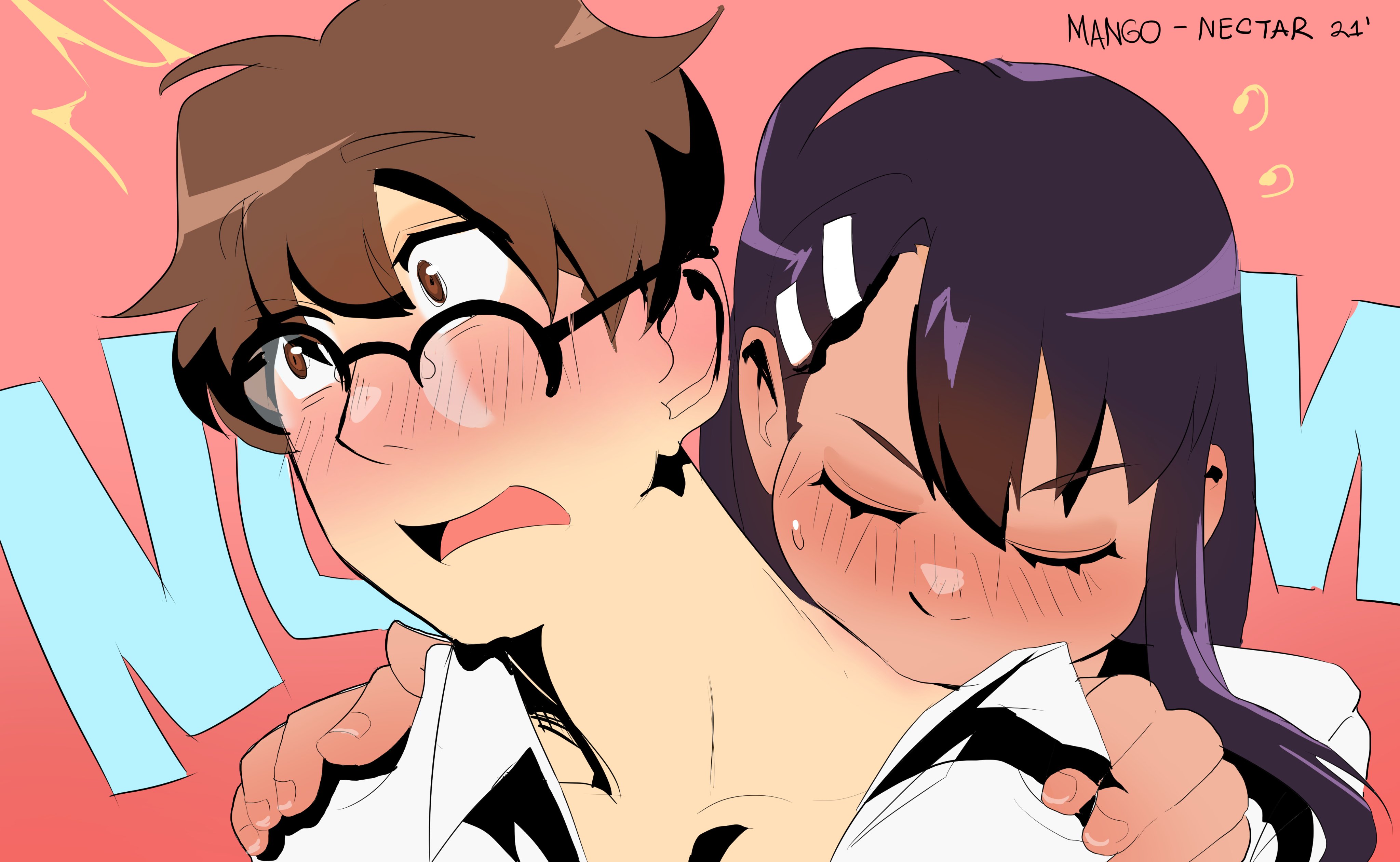 1boy, 1girls, biting, black hair, blush, brown eyes, brown hair, closed eyes, clothed, clothing, female, glasses, hayase nagatoro, long hair, male, mangonectar, naoto hachioji (senpai), open mouth, please don't bully me, nagatoro, revealing clothes, shocked, short hair, simple background, watermark, white background, wholesome