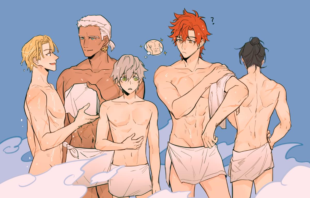 5boys ashe_ubert back black_hair blonde_hair brown_eyes convenient_censoring dark-skinned_male dark_skin dedue_molinaro dimitri_alexandre_blaiddyd felix_hugo_fraldarius fire_emblem fire_emblem:_three_houses green_eyes green_hair human human_only male male_only multiple_boys muscles muscular muscular_male red_hair steam sylvain_jose_gautier towel towel_around_waist twink wet white_hair yaoi