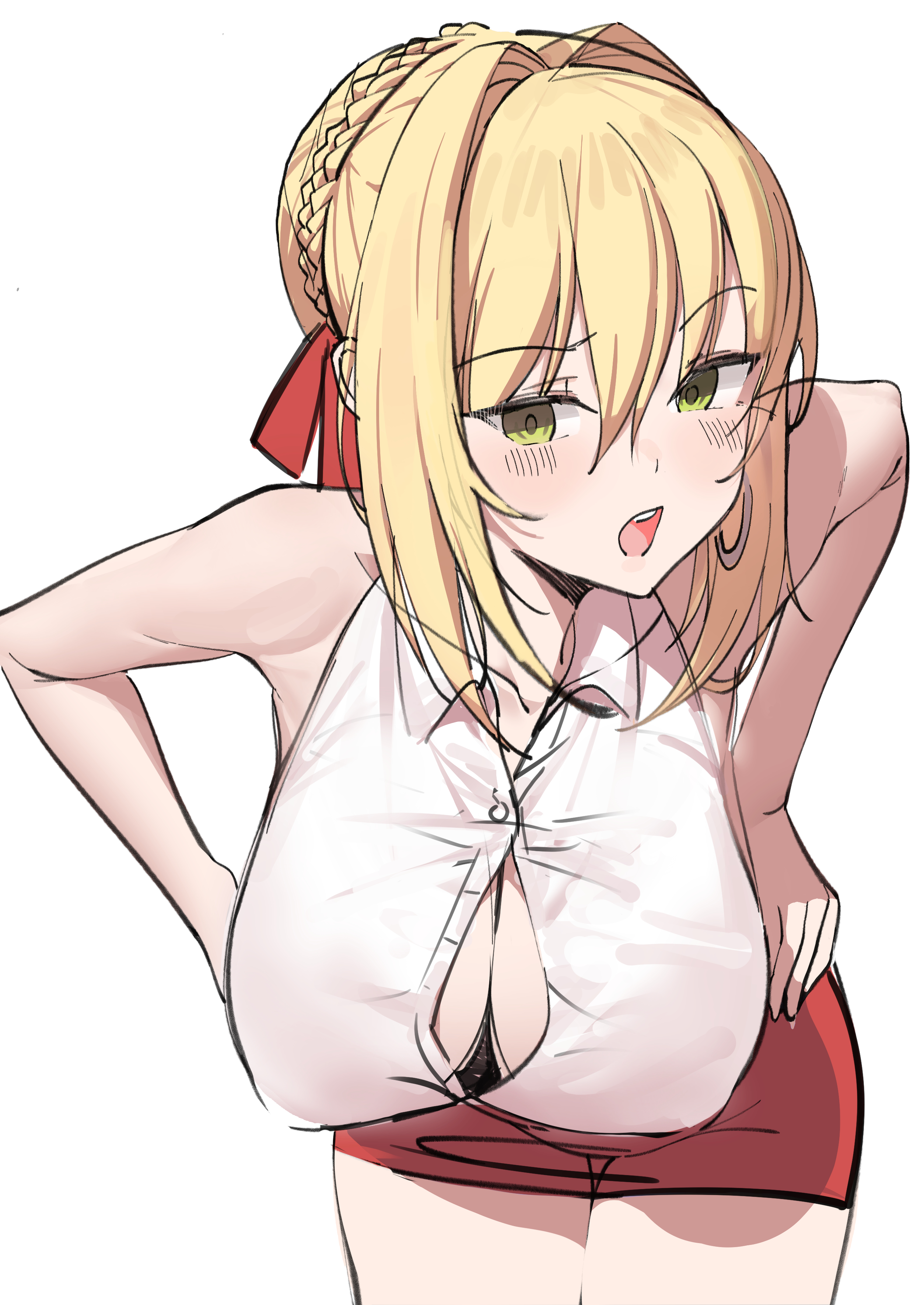 blonde hair, breasts, cleavage, fate (series), fate/grand order, female, green eyes, hoop earrings, k pring, large breasts, nero claudius (fate), shirt open