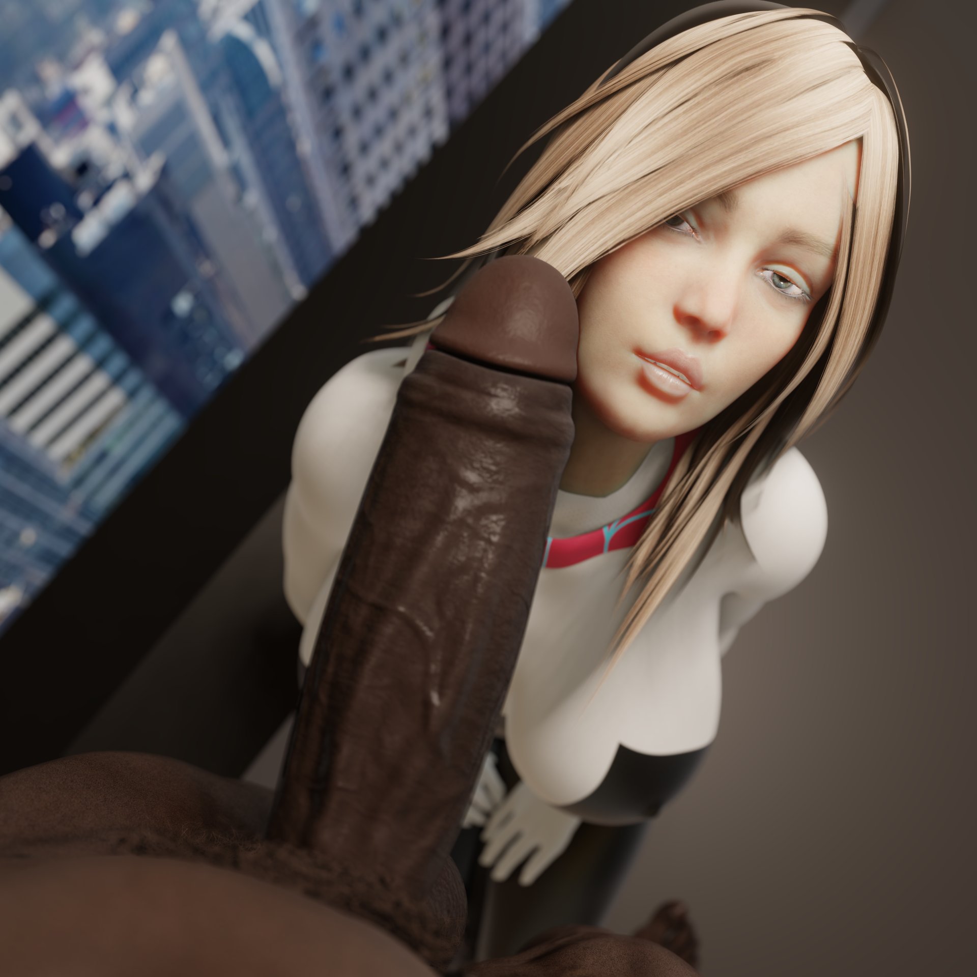 1boy, 1girls, 3d, big penis, blonde hair, breasts, dark skin, dark-skinned male, female, gwen stacy, interracial, large breasts, large penis, looking at viewer, male, marvel, marvel comics, mavixtious, miles morales, penis, ponkosfm, pov, spider-gwen, spider-man (series)