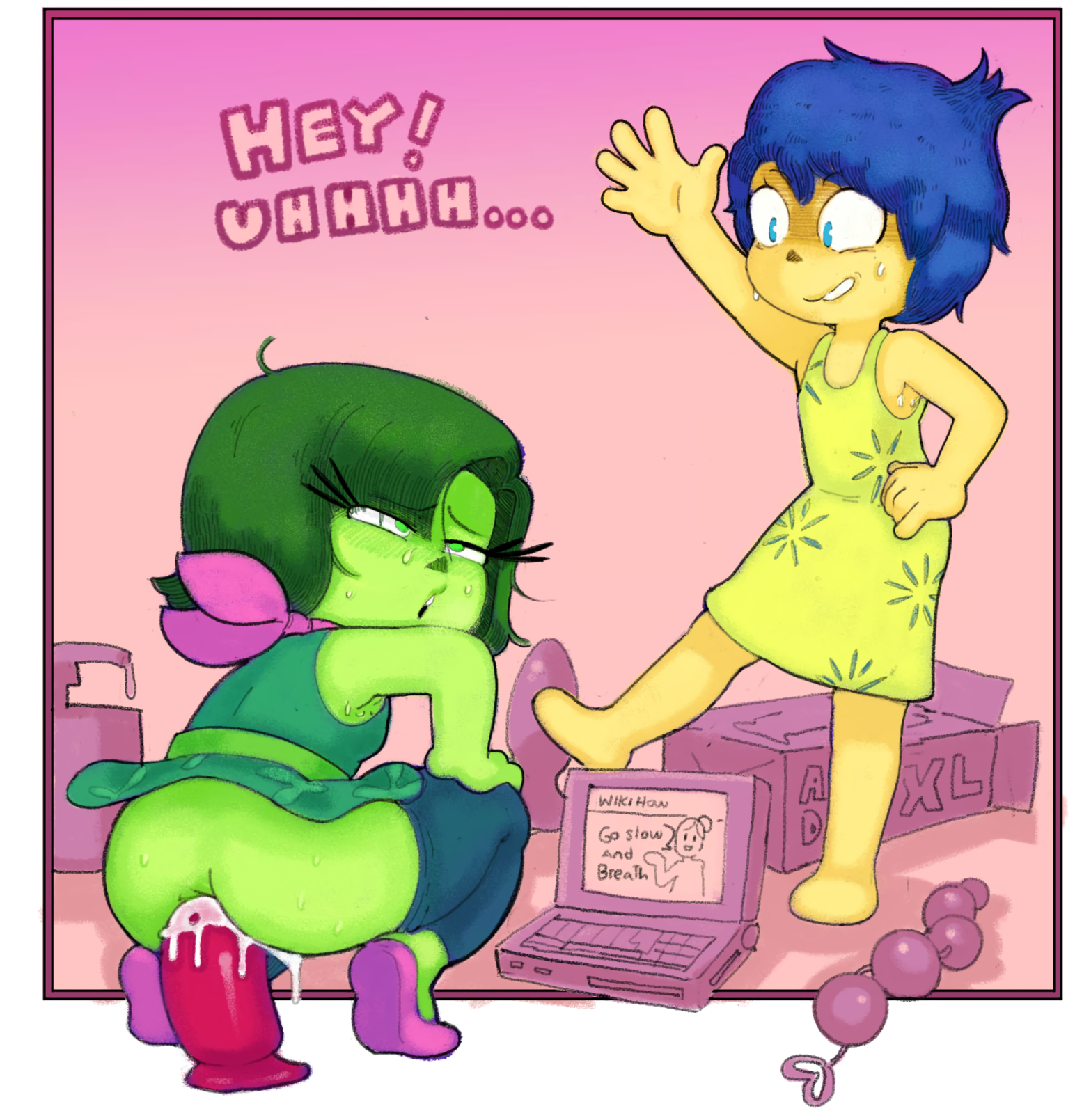 2girls, anal, anal insertion, anal masturbation, anus, blue eyes, blue hair, confused, dildo, dildo in ass, dildo sitting, disgust (inside out), disney, dogmalord, female, female only, green eyes, green hair, green skin, inside out, joy (inside out), partially clothed, pixar, sex toy, squatting, squatting on dildo, yellow skin