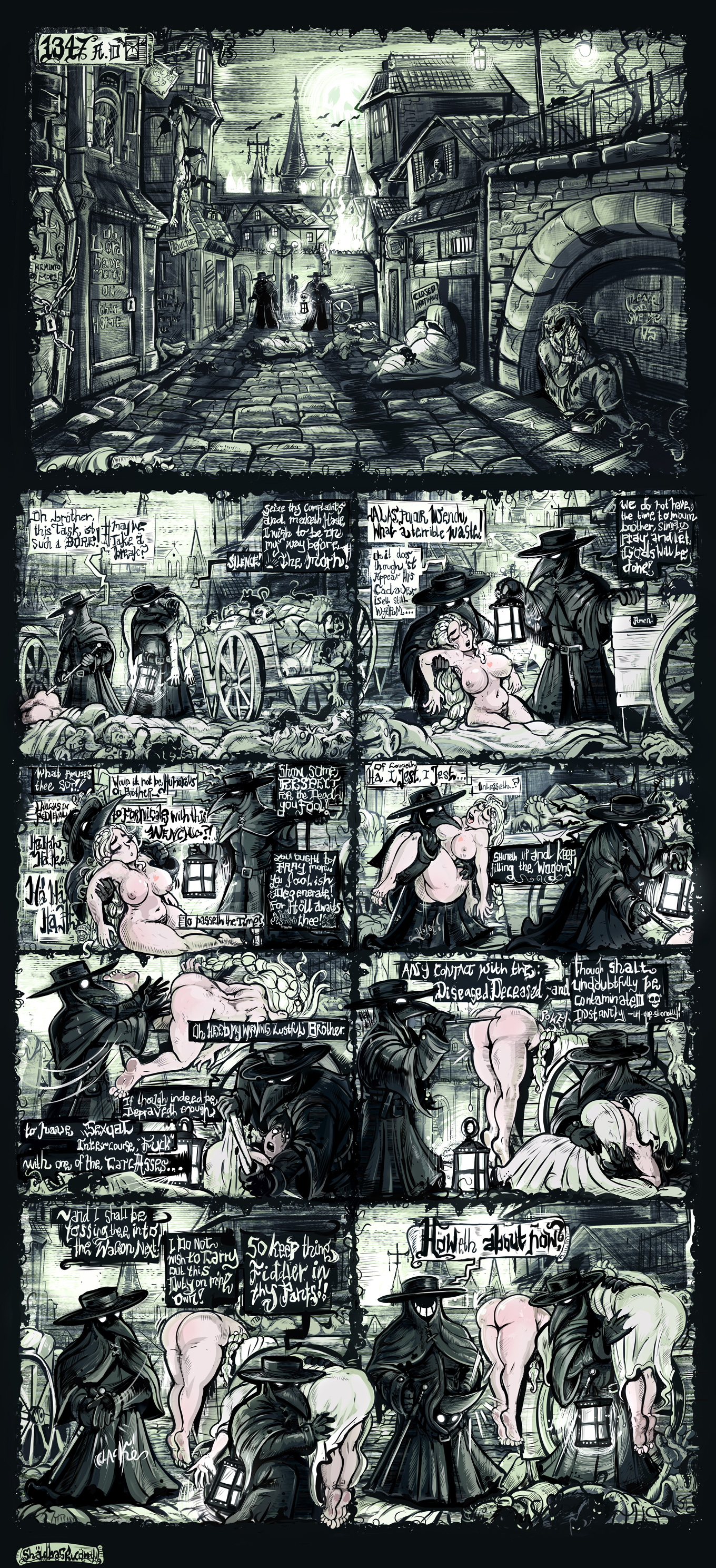 1girls, 2boys, 2girls, 5 fingers, 5 toes, ass, barefoot, big breasts, black background, braid, breasts, chest tattoo, clothed male nude female, comic, corpse, death, detailed background, dialogue, english text, eyebrows, female, female death, front view, heart, heart tattoo, hips, human, lantern, long hair, male, male death, monochrome, multiple deaths, navel, necrophilia, nipples, nude, nude female, original character, outdoors, plague doctor, poking, public, rat, shadman, sleeping, snuff, speech bubble, tattoo, thick thighs, thighs