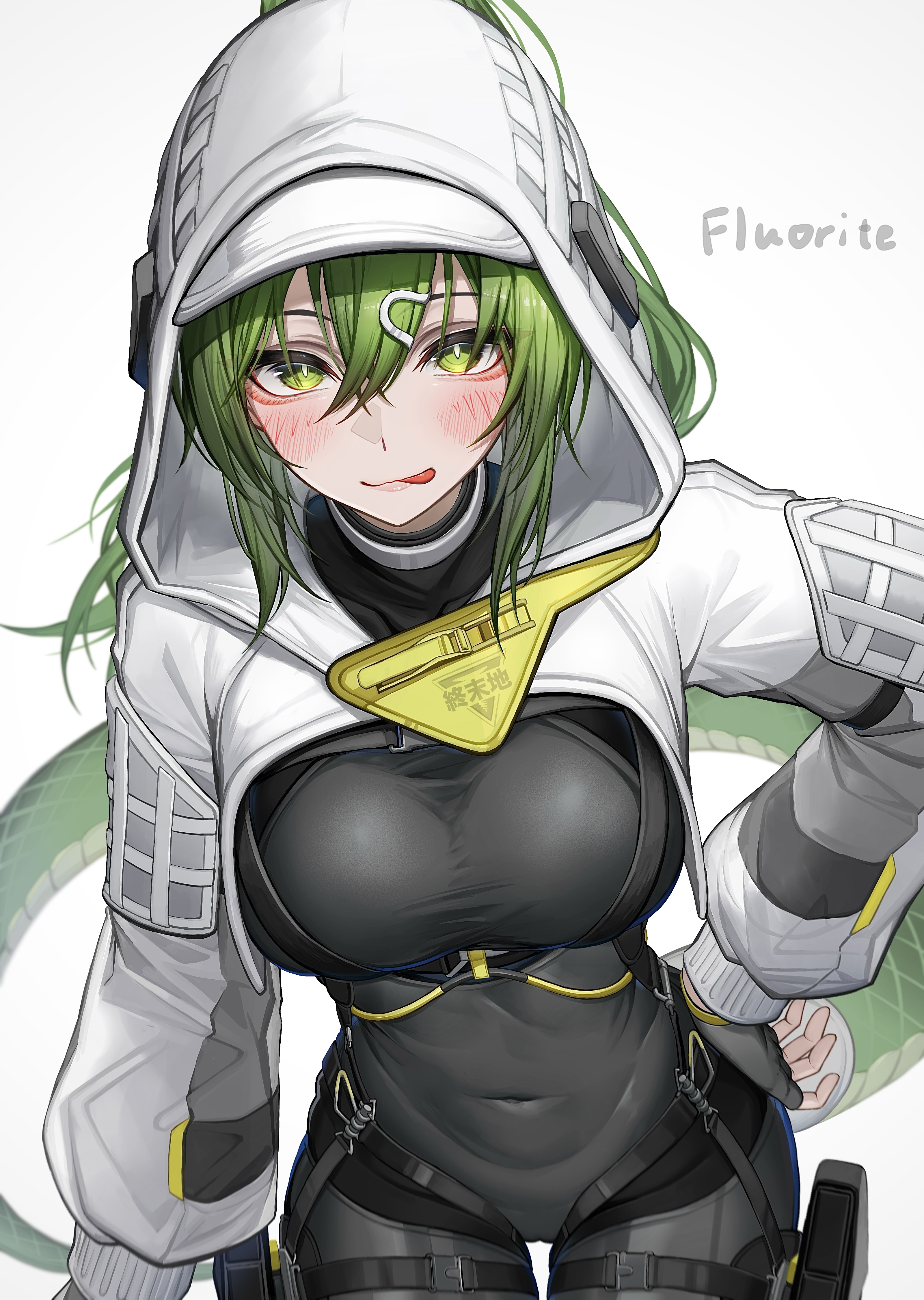 :p, arknights: endfield, black bodysuit, bodysuit, breasts, cameltoe, character name, covered navel, cropped jacket, female, fluorite (arknights: endfield), green eyes, green hair, hand on own hip, hood, hood up, hooded jacket, jacket, large breasts, long hair, long sleeves, looking at viewer, puffy long sleeves, puffy sleeves, simple background, snake girl, snake tail, solo, tab head, tail, tongue, tongue out, white background, white jacket