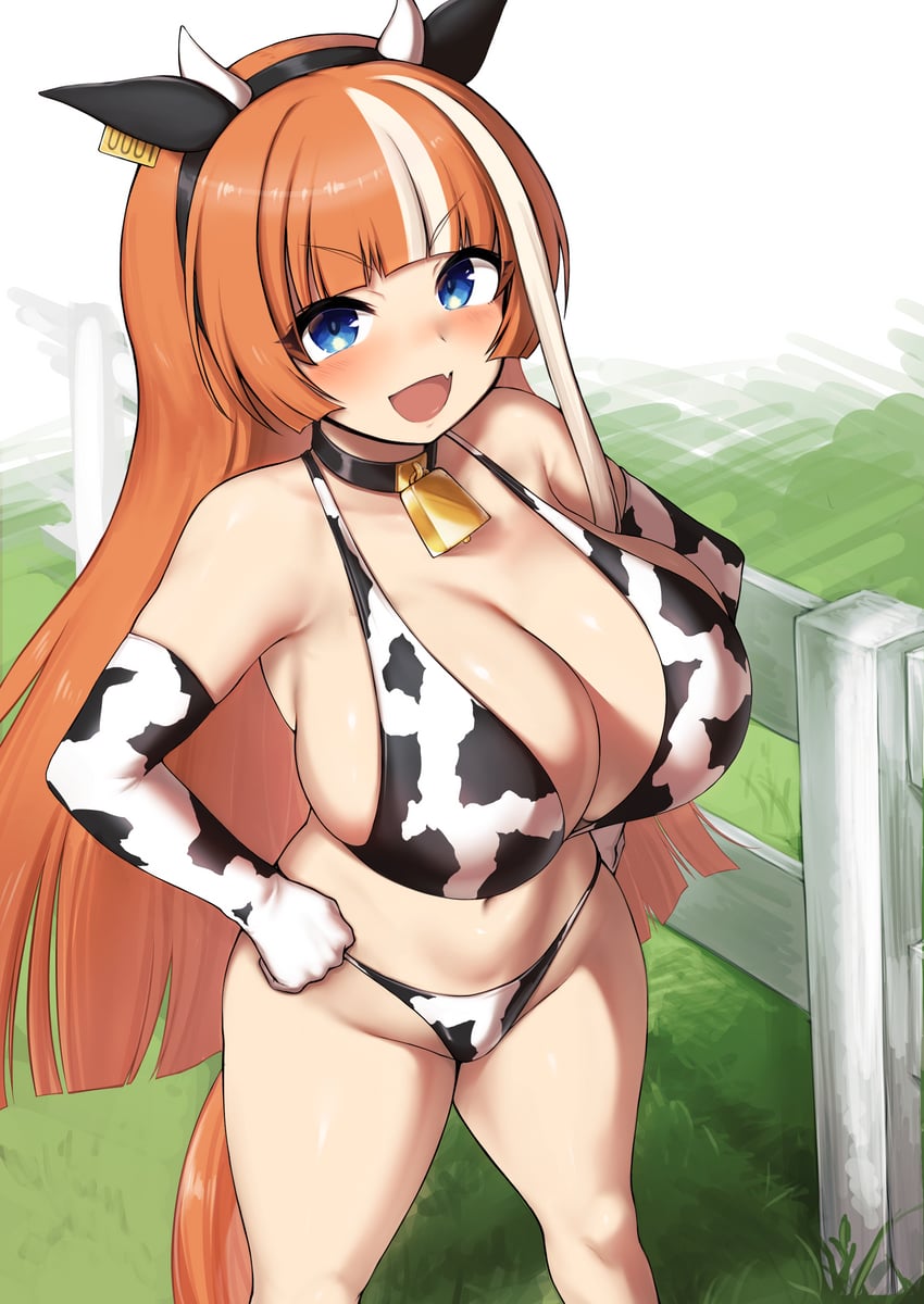 akikawa yayoi (umamusume), alternate breast size, blue eyes, cow print bikini, large breasts, orange hair, shortstack, umamusume, umamusume pretty derby, yuugatou (yuuzutu)