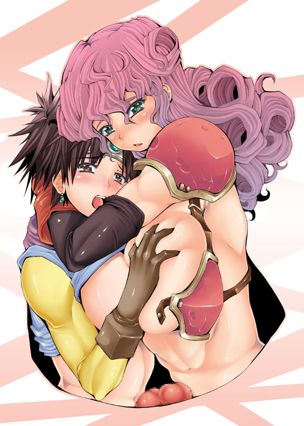 2girls bikini_armor breast_press breasts brown_eyes brown_hair censored circlet clothing dragon_quest dragon_quest_iii elbow_gloves futa_only futanari gloves green_eyes hair heroine_(dq3) huge_breasts intersex large_breasts long_hair penis penises_touching pink_hair red-rum roto shoulder_pads soldier_(dq3) symmetrical_docking