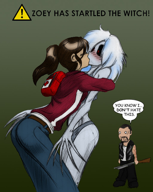1boy, 2d, 2girls, ancient art, brown hair, claws, francis (left 4 dead), gun, kissing, left 4 dead, left 4 dead (series), lesbian, lesbian kiss, light skin, light-skinned female, meme, not porn, oh hell yeah yuri!!!, peak fiction, sharp claws, shotgun, speech bubble, tagme, watching, white hair, white skin, witch (left 4 dead), witness, yuri, zoey (left 4 dead), zombie, zombie girl