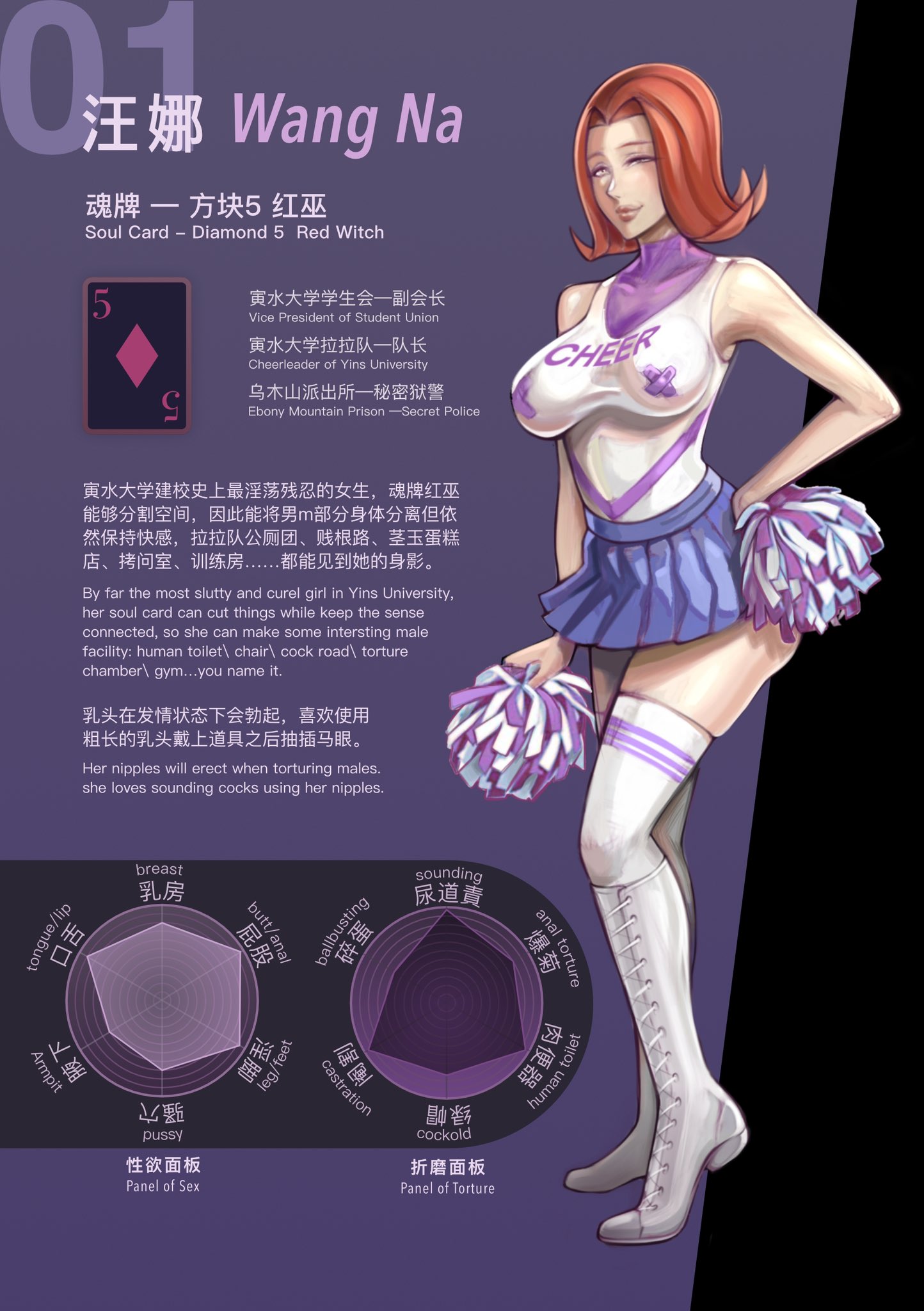 cheerleader uniform, english text, femdom, japanese text, moore2black, oc, original character, red hair, stats, text